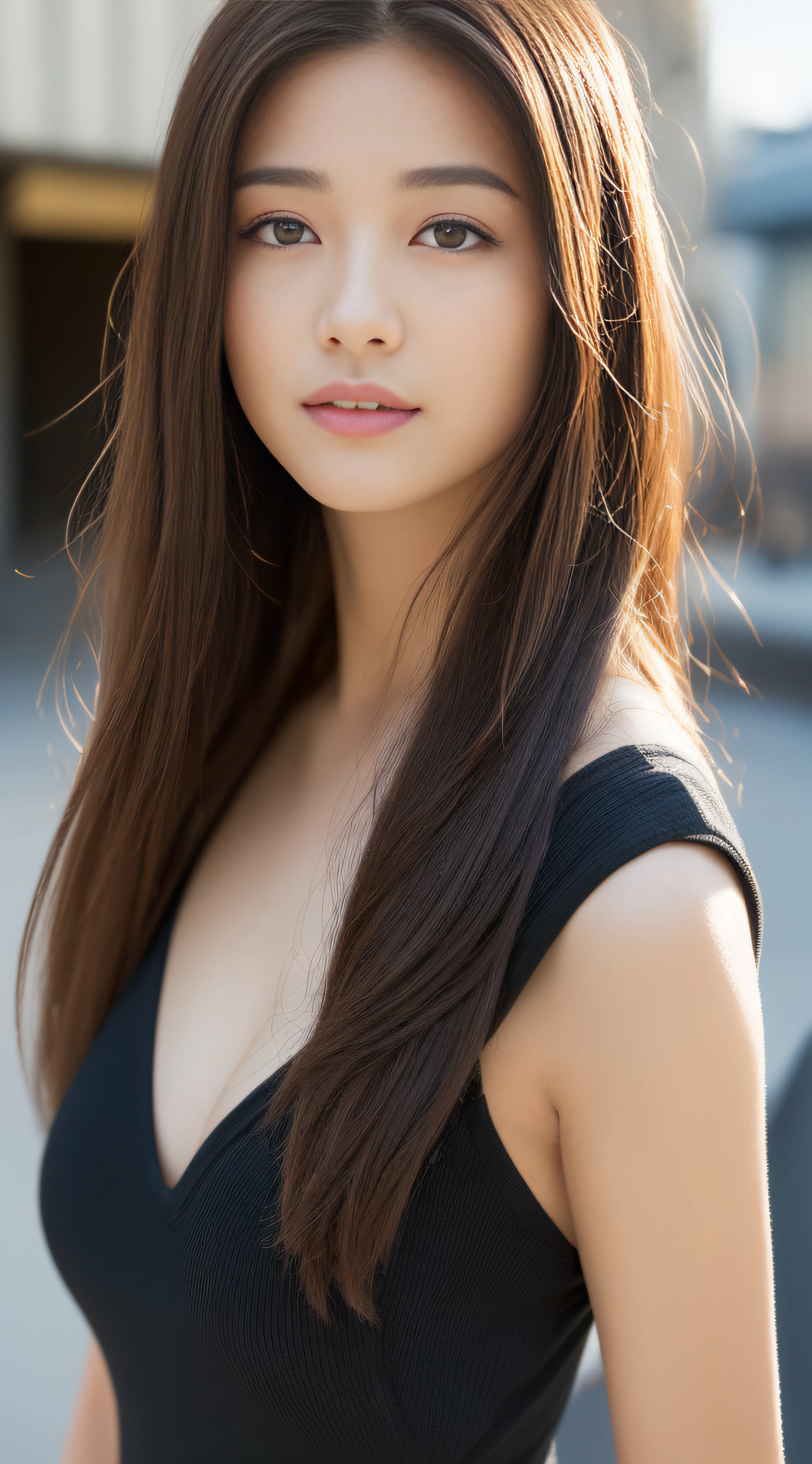 ((top-quality、8K、​masterpiece:1.3))、foco nítido:1.2、Perfect Body Beauty:1.4、、black one-piece、((dark brown  hair:1.2))、(natural soft light、street corner:1.1)、Highly detailed facial and skin texture、A detailed eye、二重まぶた、(((dynamic ungle)))