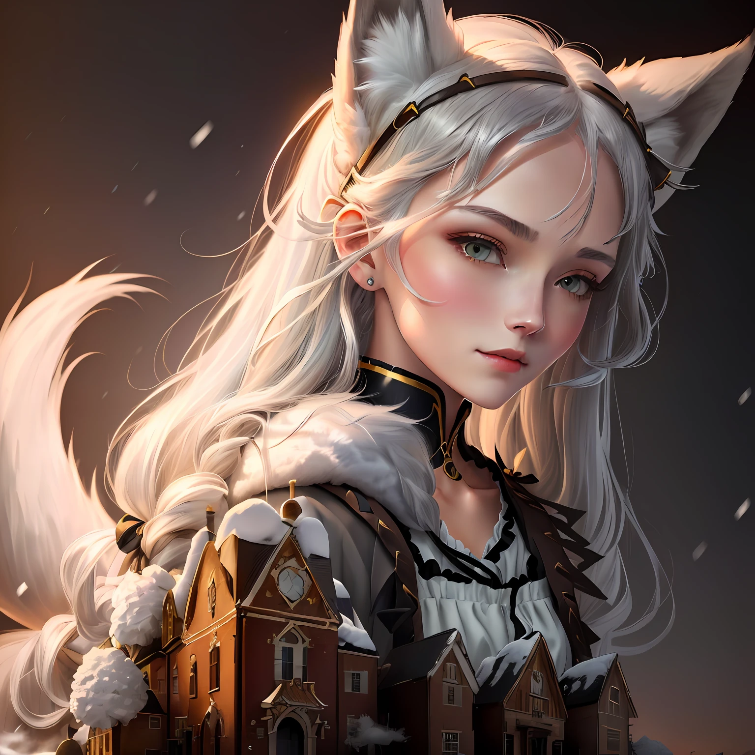 (gray-haired girl, ancient wind,period costume,Poetic,Hairpins, fox ear, Charming, snow-white, Two-dimensional style, anime illustration)