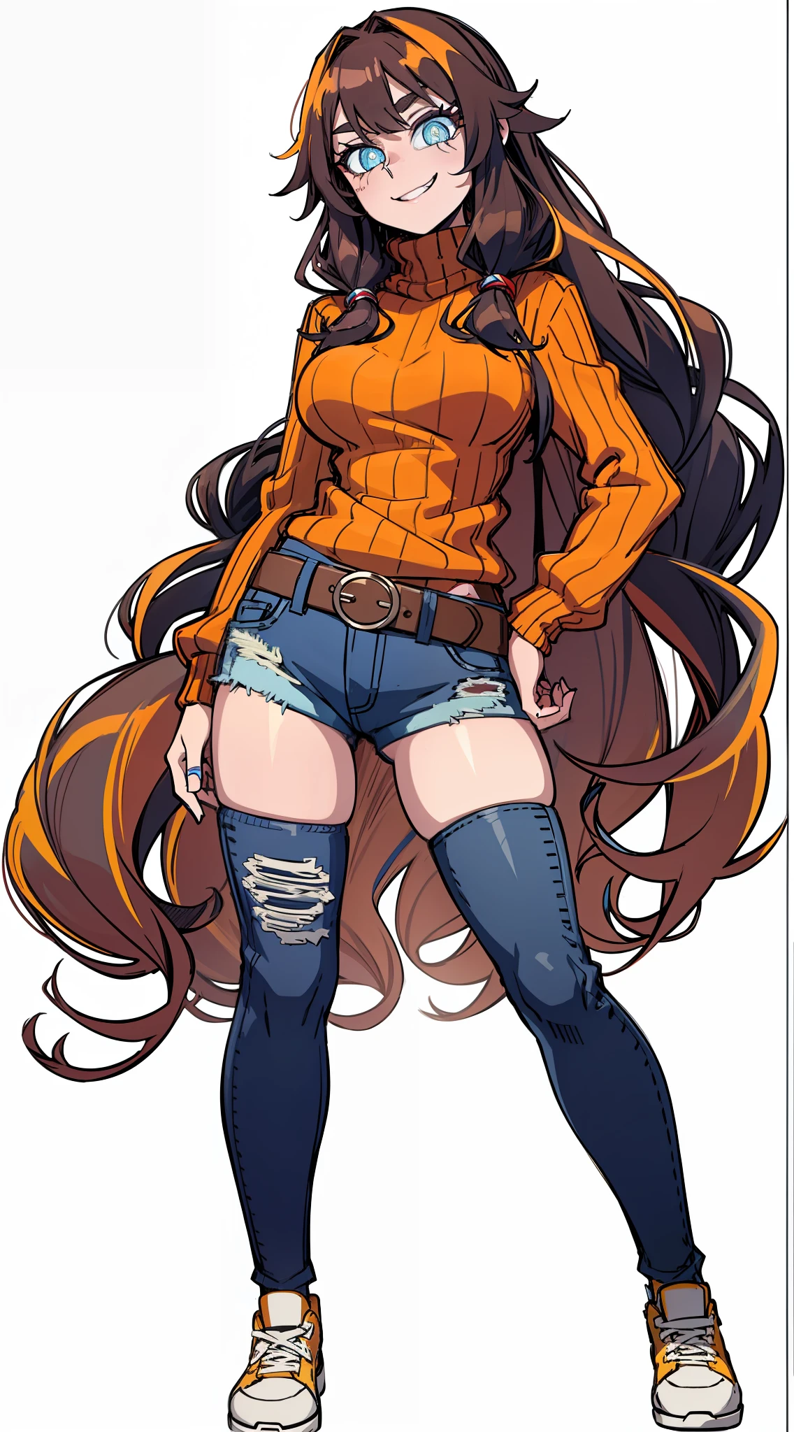 multicolored hair, long brown hair, blue aqua pupils, 1girl, cute, smug, smile, orange sweater, big breasts, thigh high, yellow shoe, blue denim short, belt