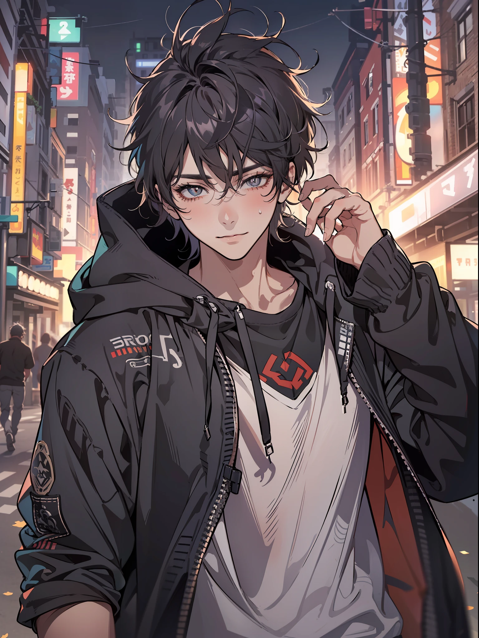 ((highest quality, masterpiece, 4k, finely detailed, detailed eyes, detailed face, gelbooru, pixiv)), warm lighting, ((solo)), 1 male, handsome, masculine, adult male, broad shoulders, closeup of face, ((black chin hair)), portrait, slight blush on cheeks, smiling, looking at viewer, ((lazy eyes, half-lidded, eyebags under eyes, black eyes with white pupils)), wearing modern clothing, hoodie with a logo, sweatpants, standing, hands in pockets, ((black hair, medium length hair, shaggy hairstyle, messy hair)), city background