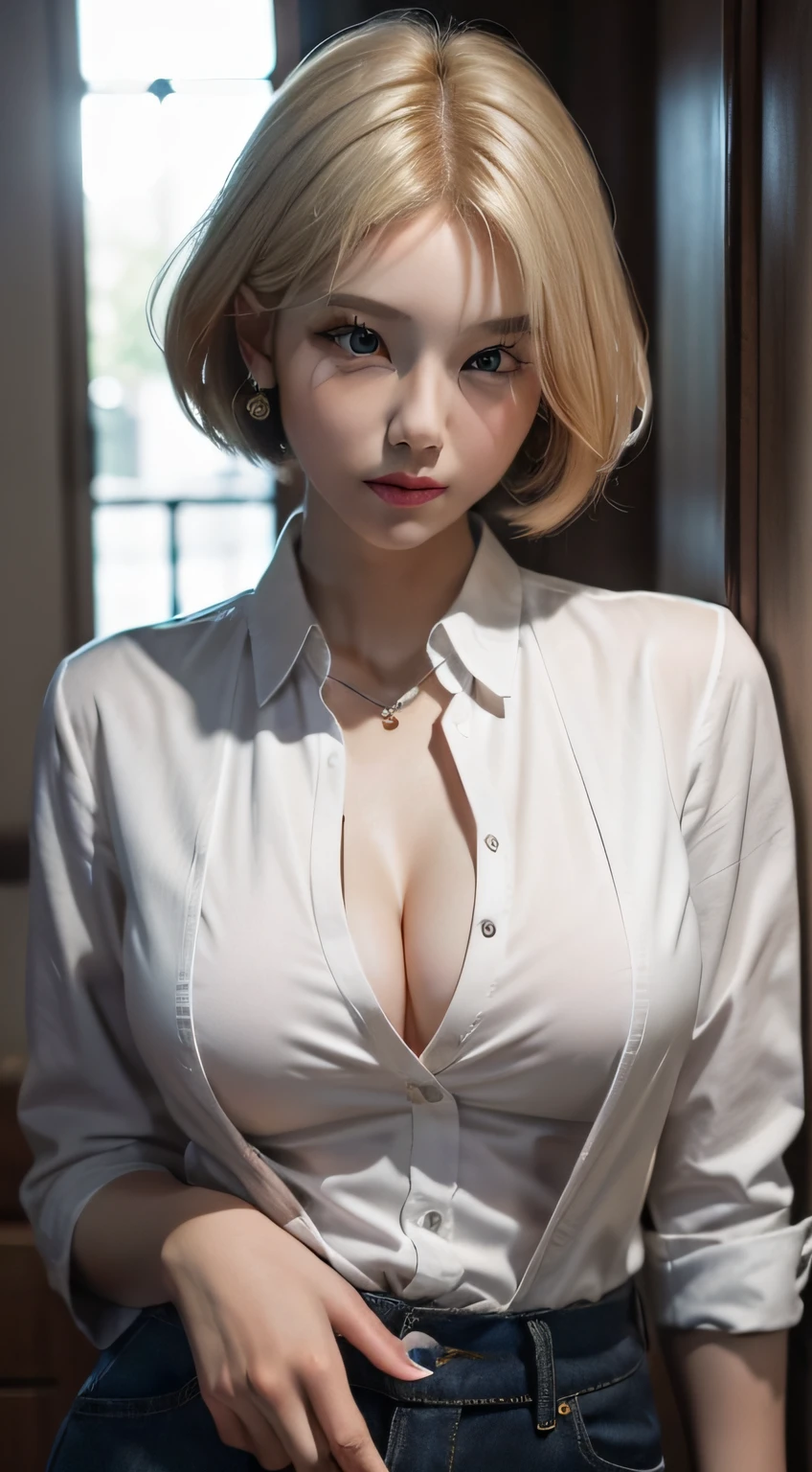Artistic lighting,独奏,Fine，Best quality at best，1个Giant Breast Girl，short detailed hair，White gold blonde hair，Perfect facial features,False lashes,Seven-point blazer，The shirt，trouser，shot of:中景 the scene is