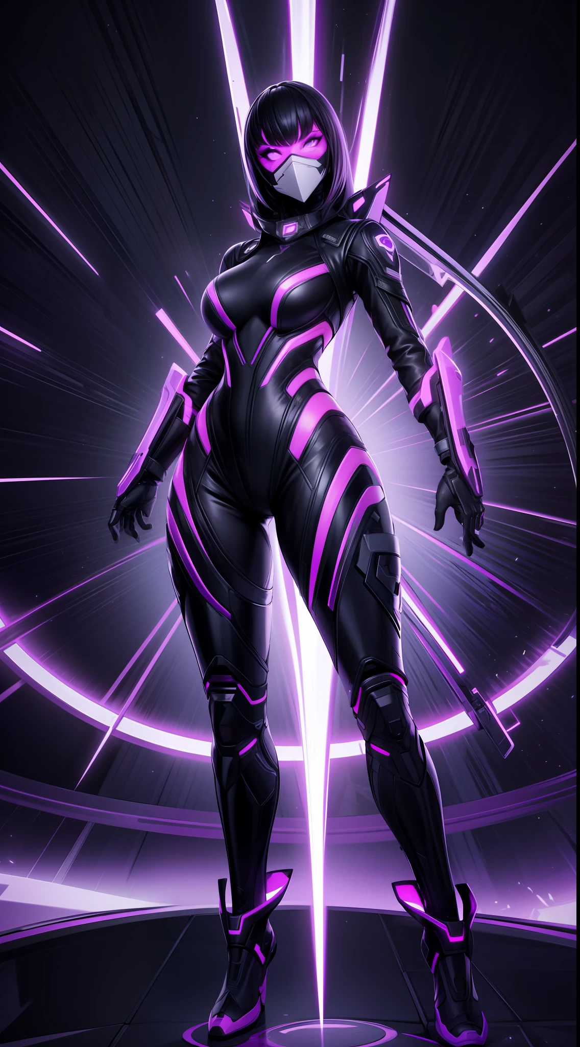 solo, super fine photo, full body picture Unreal Engine 5 8K UHD of a girl, wearing futuristic black and white tight battle suit with leather futuristic long jacket, full face mask, futuristic neck collar, purple light details, gloves with purple light claws, dark makeup, best quality, masterpiece, unified 8k wallpaper, super detailed, sharp focus, dynamic pose
