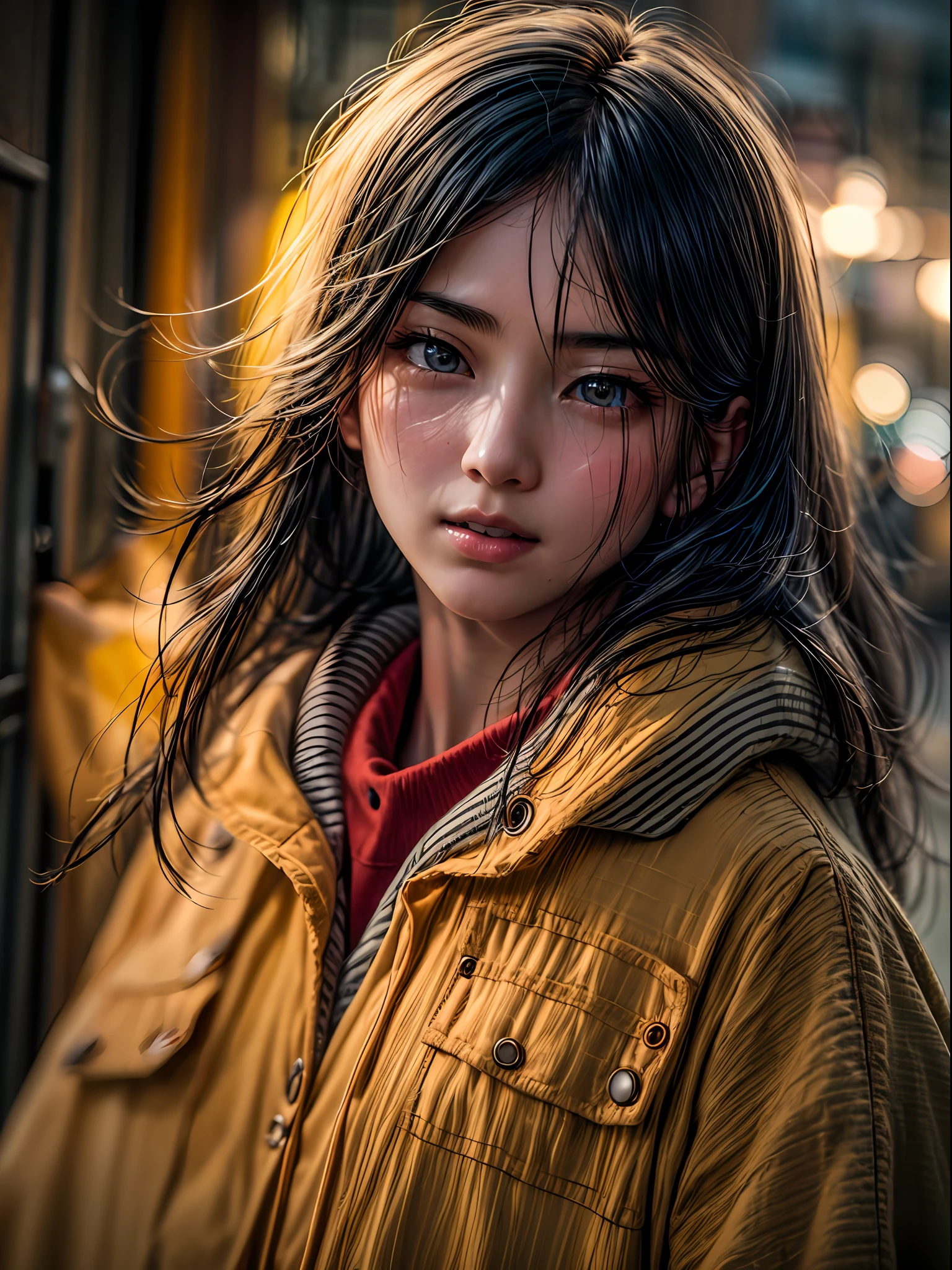 (best quality, photo-realistic, masterpiece:1.3), a close-up shot of a (Japanese teenage girl:1.2) with (long disheveled black hair:1.2), her (yellow eyes:1.3) radiating a captivating glow, (perfectly symmetrical face:1.3) with subtle and flawless makeup, wearing a loose-fitting red coat, (emphasis on her enchanting eyes:1.3), as she leans against the window in her room, gazing outward, her expression a gentle and cheerful one, a glimpse into the warmth and joy she holds within, Cinematic, Hyper-detailed, insane details, beautifully color graded, Super-Resolution, Megapixel, Cinematic Lightning,  Post Processing, Post Production, Tone Mapping Insanely detailed and intricate, Hyper maximalist, Volumetric, Photorealistic, ultra photoreal, ultra-detailed, intricate details, 8K, Super detailed, Full color, Volumetric lightning, HDR, Sharp focus,

Camera Model: Canon EOS R6,

Lens: Canon RF 50mm f/1.2L USM