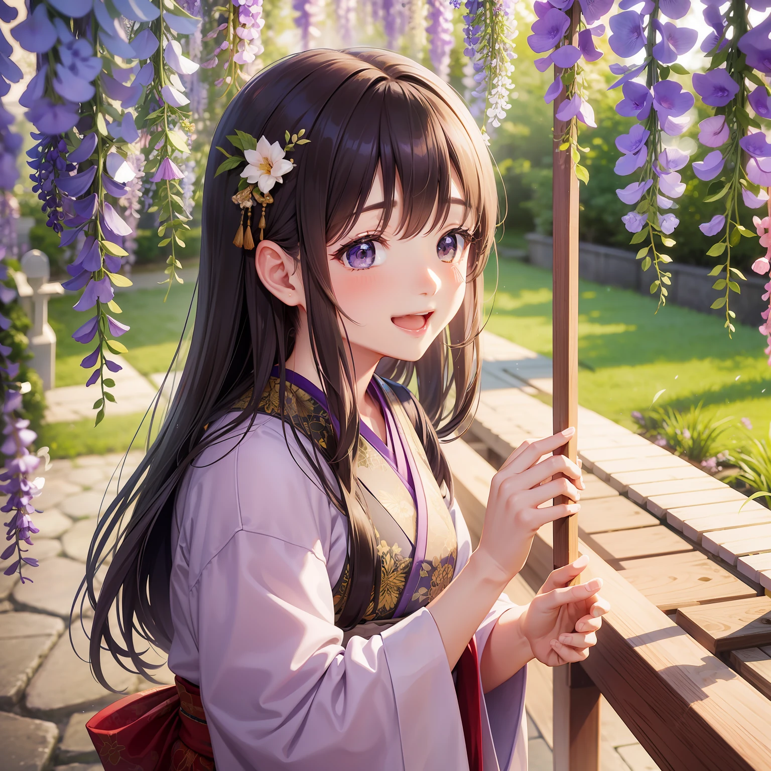 Wisteria flowers、A Japanese style、femele、Laughing in the sunlight