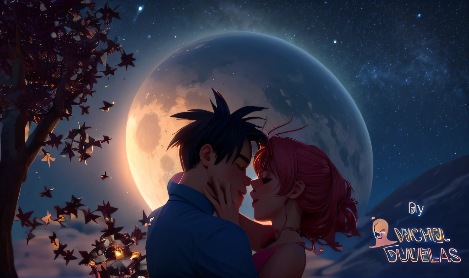 Casal de anime se beijando sob uma lua cheia com estrelas ao fundo, Noite!, romantic couple, Romantic!!!, beijar, noite!, noite, beijo lindo, Homem e mulher apaixonados, Amazing, casal se beijando, beijos juntos, beijando juntos fofos, Noite, night setting, noite!!, silhueta!!!, twilights, they are in love, noite calma. digital illustation