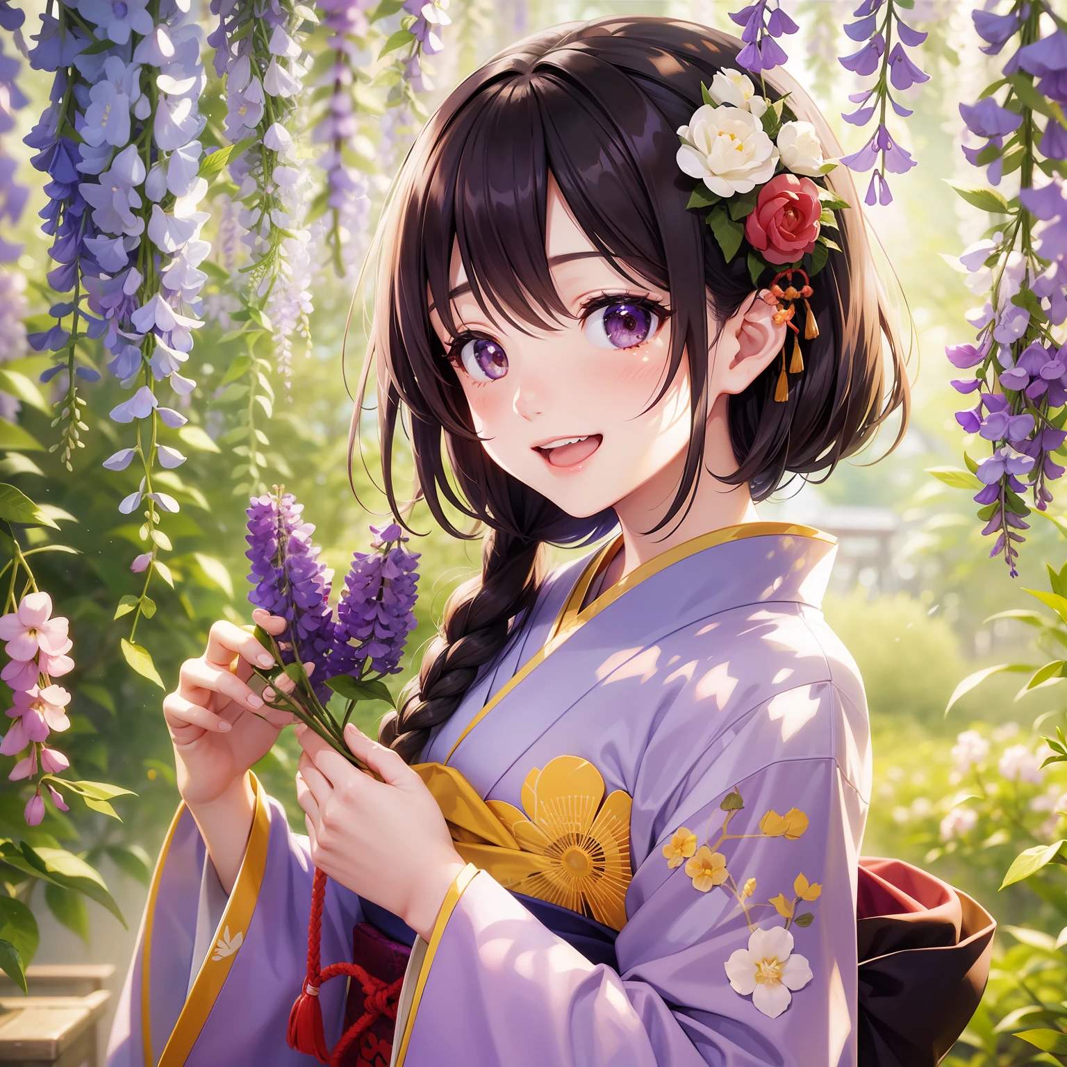Wisteria flowers、A Japanese style、femele、Laughing in the sunlight