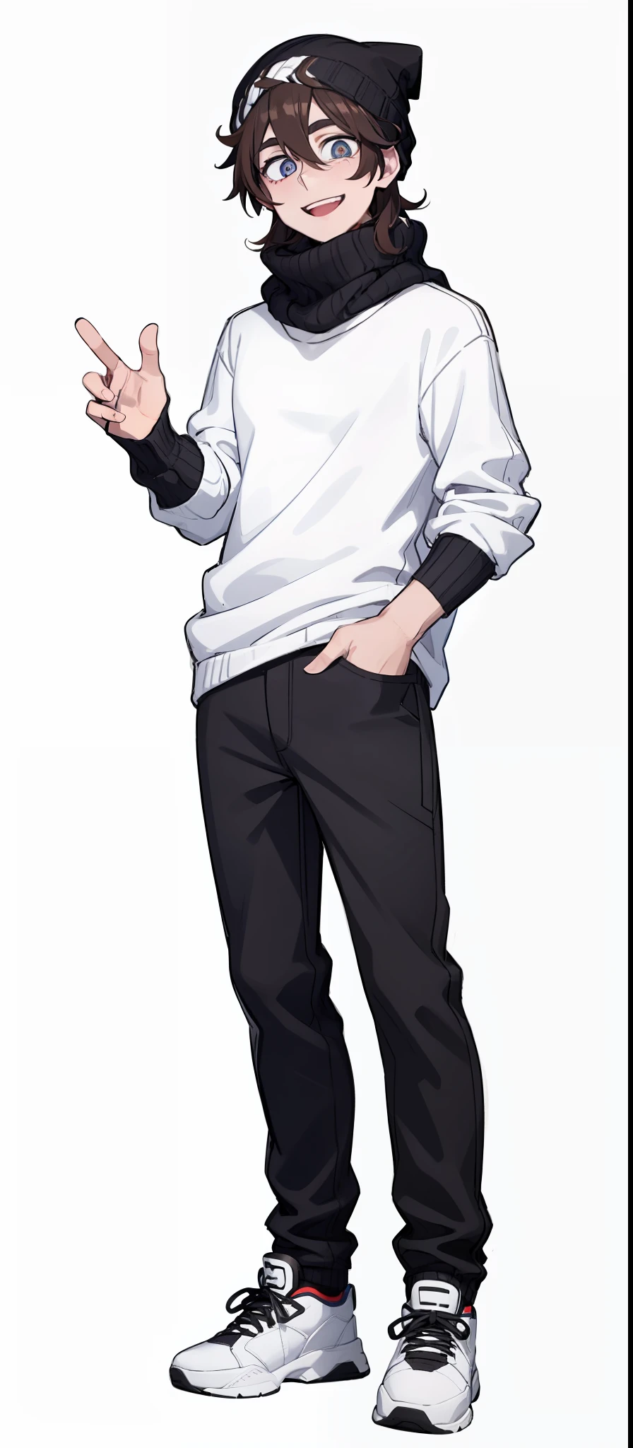 1boy, multicolored, brown hair, black pupils, cute, smile, white sweater, black Beanie, blue Scarf, black t-shirt, black jean, white shoe