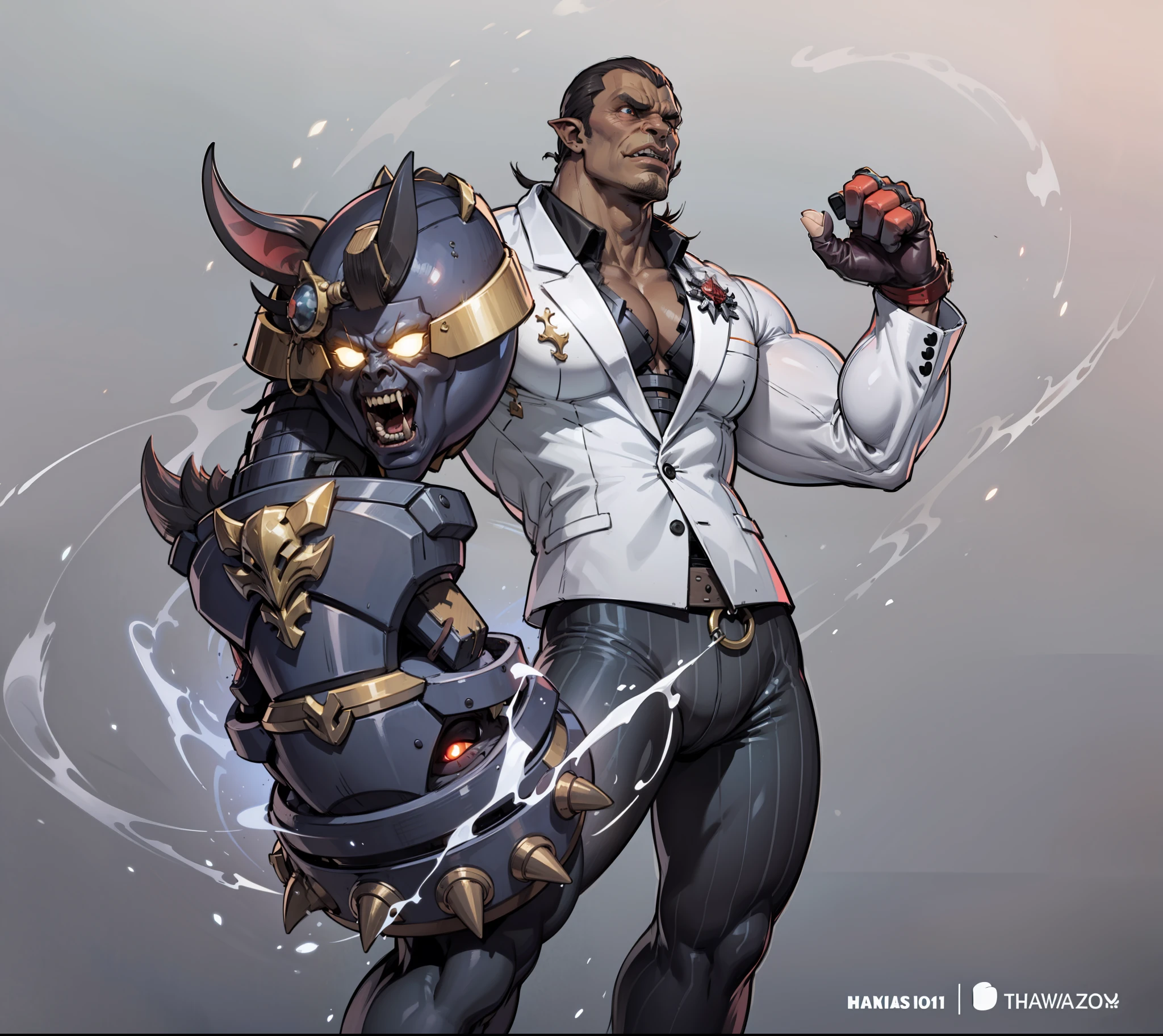 Rosto de Orc, pele vermelha, muscular, with a huge demonic gauntlet, aura de chamas vermelhas na manopla