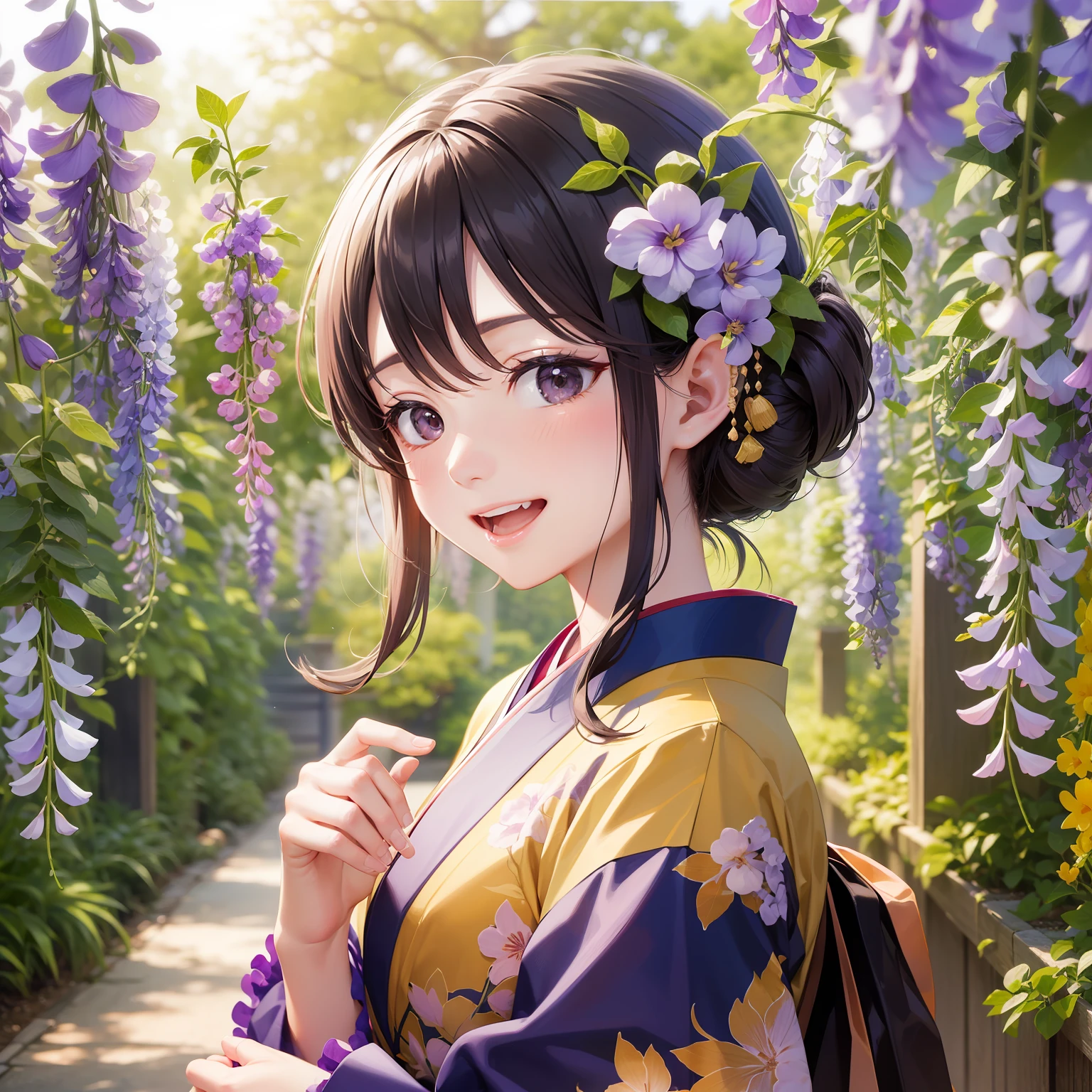 Wisteria flowers、A Japanese style、femele、Laughing in the sunlight