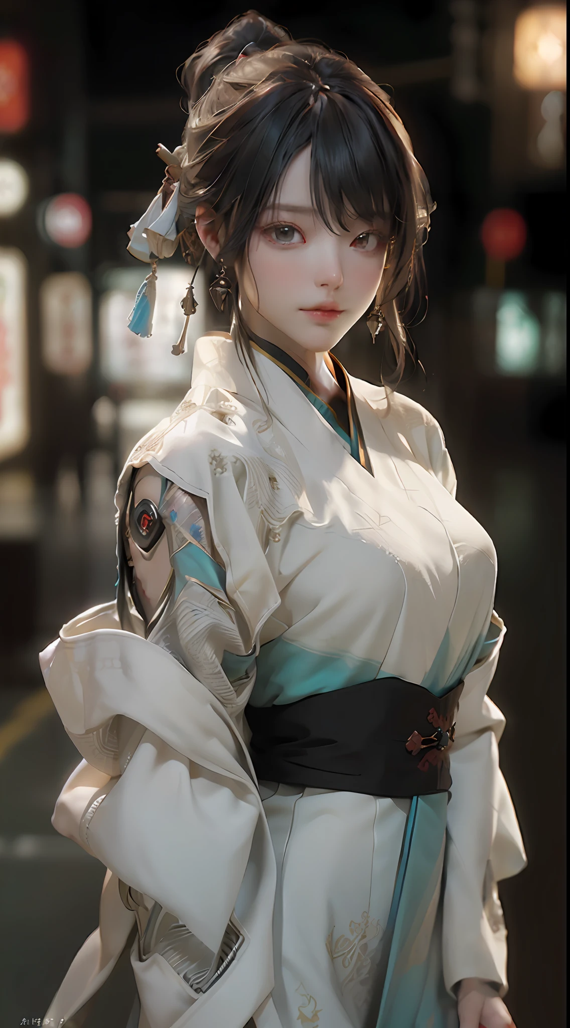 ((best qualtiy)), ((tmasterpiece)), (the detail:1.4), 3D, A beautiful cyberpunk female image,Chinese Hanfu,HDR(HighDynamicRange),Ray traching,NVIDIA RTX,Super-Resolution,Unreal 5,Subsurface scattering、PBR Texture、post-proces、Anisotropy Filtering、depth of fields、maximum definition and sharpness、Many-Layer Textures、Albedo e mapas Speculares、Surface Coloring、Accurate simulation of light-material interactions、perfectly proportions、Octane Render、Two-colored light、largeaperture、Low ISO、White balance、the rule of thirds、8K RAW、