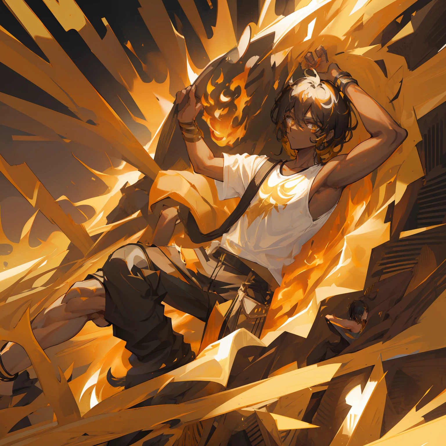 (Black white messy hair), dark black eyes, sleeveless black shirt, golden markings on the arms, black cargo pants, (black male, tan skin, caramel skin), black n gold fire magic