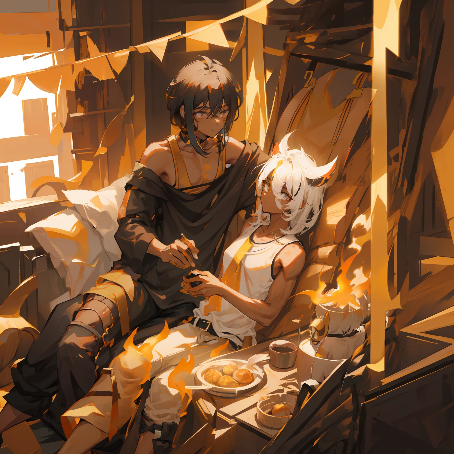 (Black white messy hair), dark black eyes, sleeveless black shirt, golden markings on the arms, black cargo pants, (black male, tan skin, caramel skin), black n gold fire magic