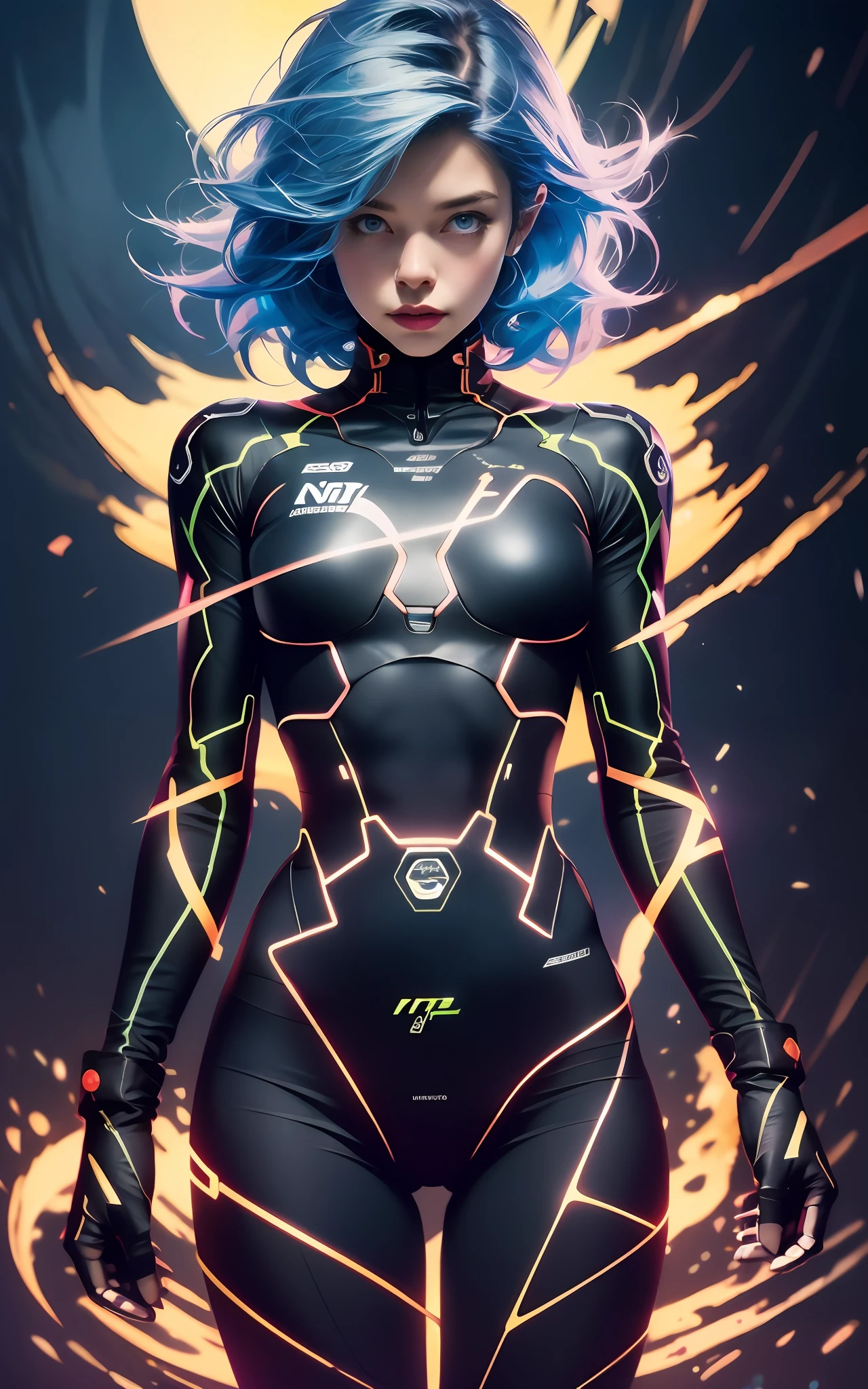 (((Adult Woman))), ((Best Quality)), ((masutepiece)), (Detailed: 1.4), (Absurd), 35-year-old adult woman with Simon Bisley-style micro thong, Genesis evangelion neon style clothing, 2-piece clothing, bobhair, arm tatoo, cybernetic hands, pastel, Centered, scale to fit the dimensions, nffsw (High dynamic range),Ray tracing,NVIDIA RTX,Hyper-Resolution,Unreal 5,Subsurface Dispersion, PBR Texture, Post-processing, Anisotropy Filtering, depth of fields, Maximum clarity and sharpness, Multilayer textures, Albedo and specular maps, Surface Shading, accurate simulation of light and material interactions, Perfect proportions, Octane Render, Two-tone lighting, Wide aperture, Low ISO, White Balance, thirds rule, 8K Raw, Crysisnanosuit,loraeyes,nijistyle,cateyes,Blue hair, Blue eyes