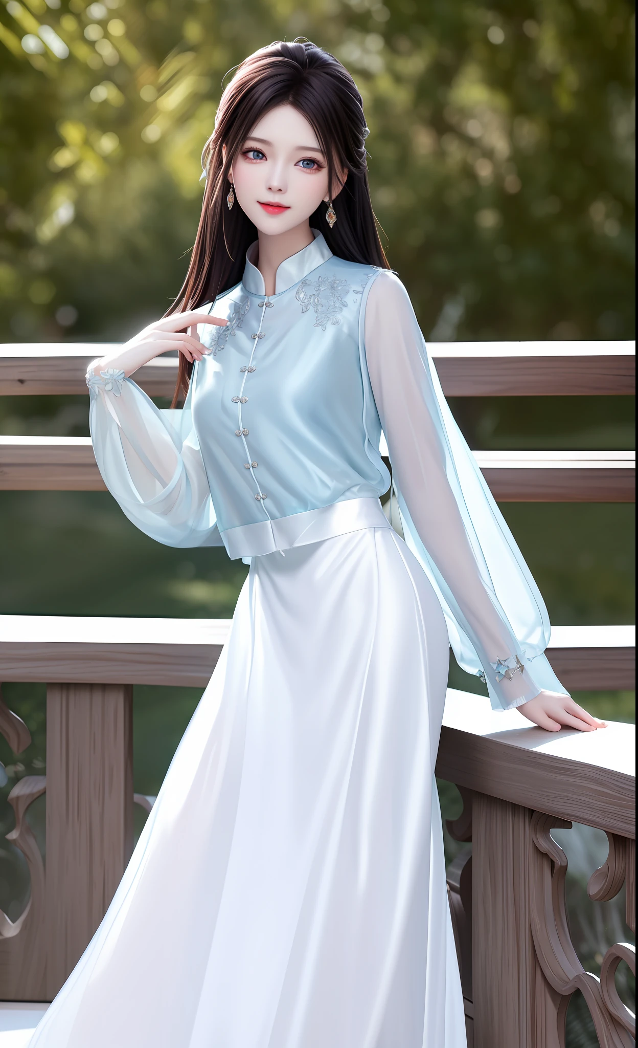 best qualtiy, tmasterpiece, A high resolution, 1girll, Be red in the face, (seduct smile:0.8), star-shaped bule pupils, beautiful face, after sexing_Body, Tyndall effect, realisticlying, Dark Studio, edge lit, twotonelighting, (highdetailskin:1.2), 8K Ultra HD, digital SLR camera, gentle illumination, high high quality, Volumetriclighting, Frankness, photore, A high resolution, 4K, 8K, Bokeh,a white long skirt,Silk texture,Thin and light,semi transparent,Full body photo,