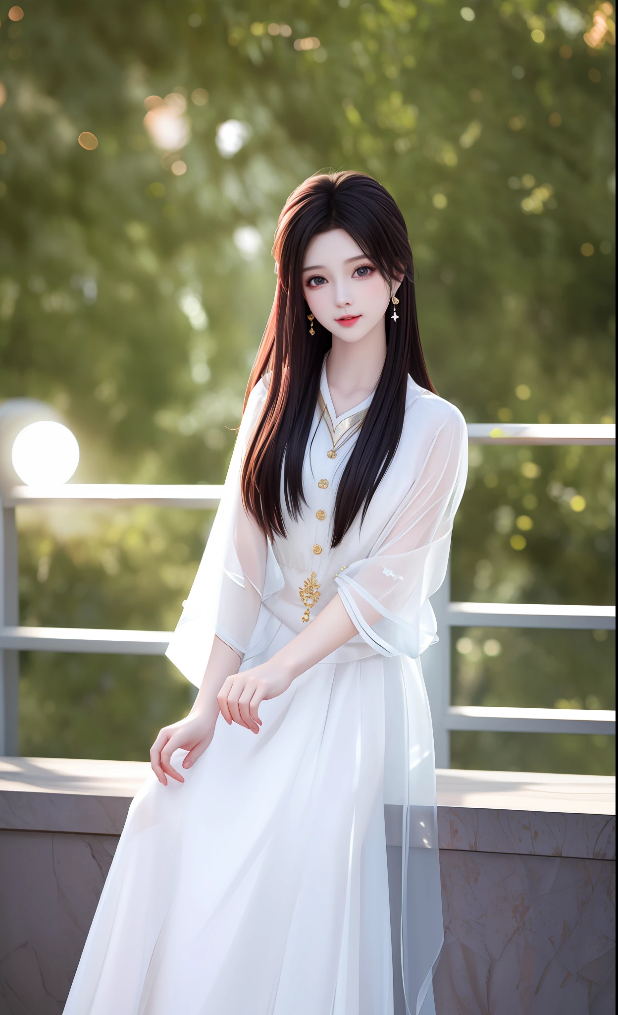 best qualtiy， tmasterpiece， A high resolution， 1girll， Be red in the face， （seduct smile：0.8）， star-shaped bule pupils， beautiful  face， after sexing_Body， Tyndall effect， realisticlying， Dark Studio， edge lit， twotonelighting， （highdetailskin：1.2）， 8K Ultra HD， digital SLR camera， gentle illumination， high high quality， Volumetriclighting， Frankness， photore， A high resolution， 4K， 8K， Bokeh，a white long skirt，Silk texture，Thin and light，semi transparent，Full body photo，