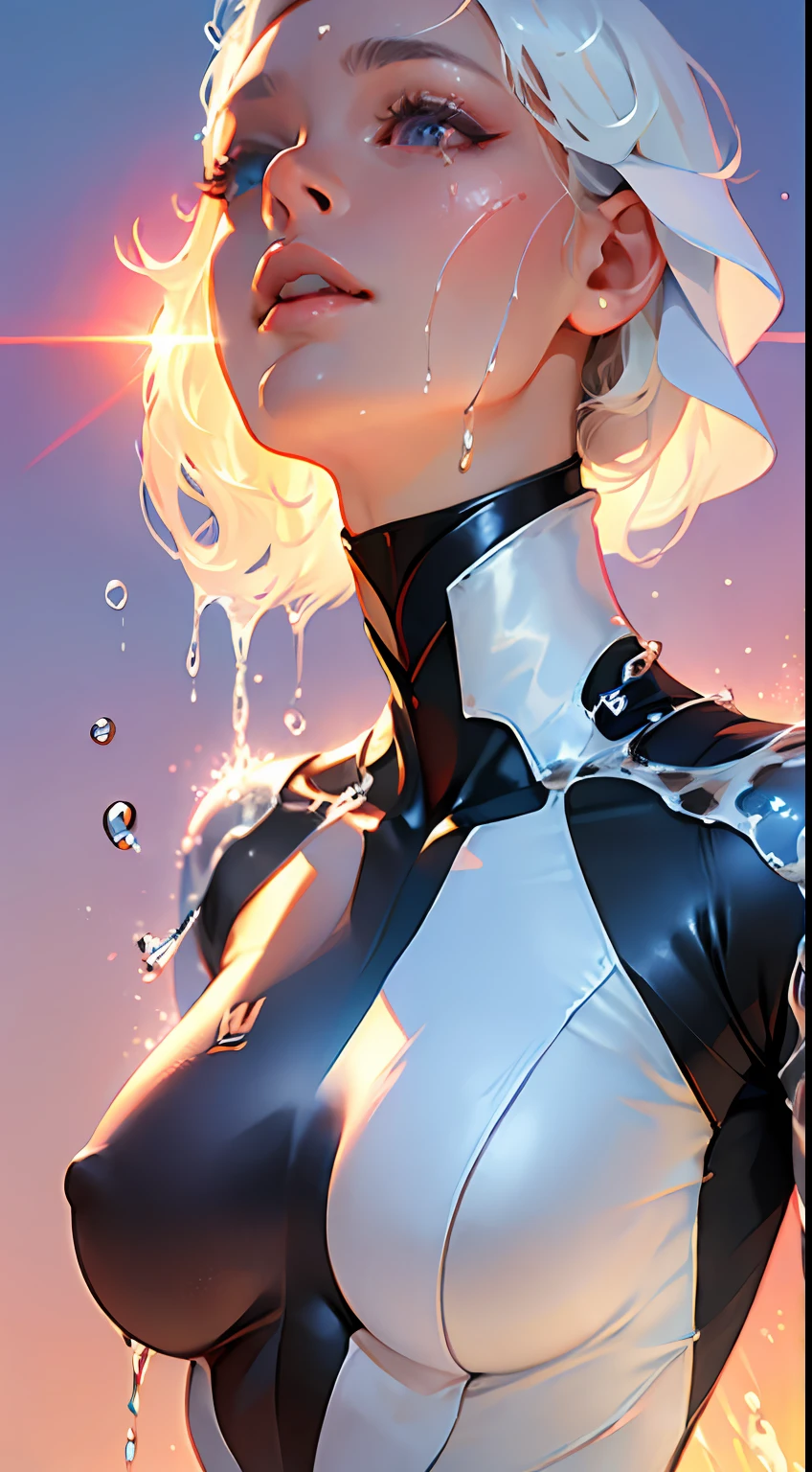 8K resolution, refined features, perfect face, glowing skin, high detail, latex_bodysuit, creamy white mucus body, enveloping the whole body, transparent liquid texture, sexy,busty,upright_straddle, sunrise, water, side view