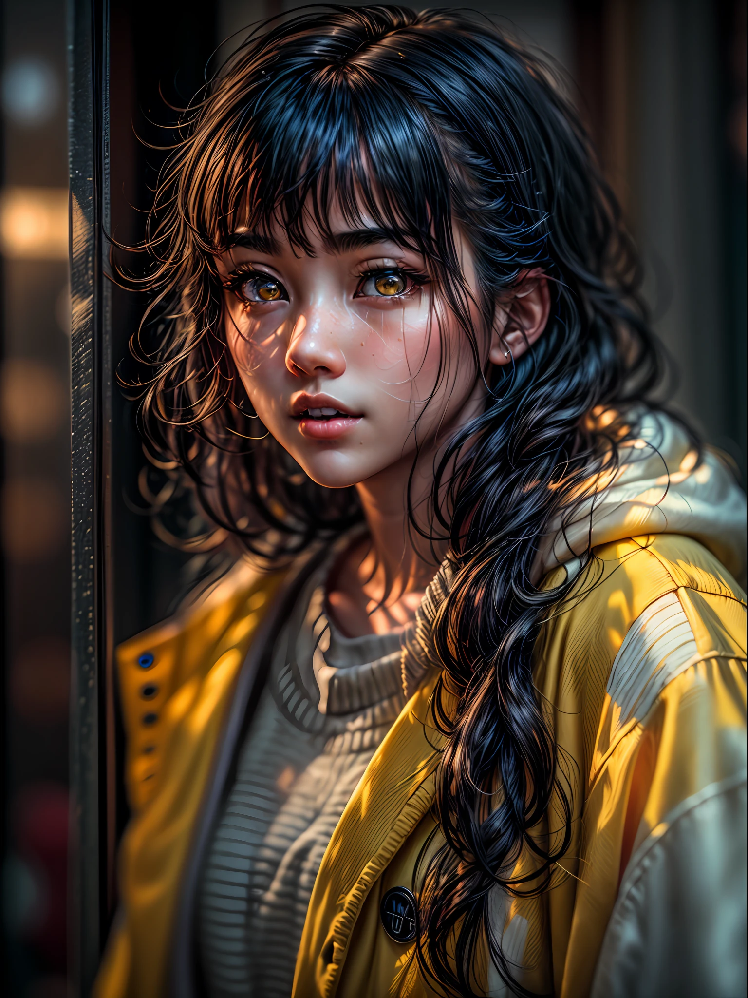 (best quality, photo-realistic, masterpiece:1.3), a close-up shot of a (Japanese teenage girl:1.2) with (long disheveled black hair:1.2), her (yellow eyes:1.3) radiating a captivating glow, (perfectly symmetrical face:1.3) with subtle and flawless makeup, wearing a loose-fitting red coat, (emphasis on her enchanting eyes:1.3), as she leans against the window in her room, gazing outward, her expression a gentle and cheerful one, a glimpse into the warmth and joy she holds within, Cinematic, Hyper-detailed, insane details, beautifully color graded, Super-Resolution, Megapixel, Cinematic Lightning,  Post Processing, Post Production, Tone Mapping Insanely detailed and intricate, Hyper maximalist, Volumetric, Photorealistic, ultra photoreal, ultra-detailed, intricate details, 8K, Super detailed, Full color, Volumetric lightning, HDR, Sharp focus,

Camera Model: Canon EOS R6,

Lens: Canon RF 50mm f/1.2L USM