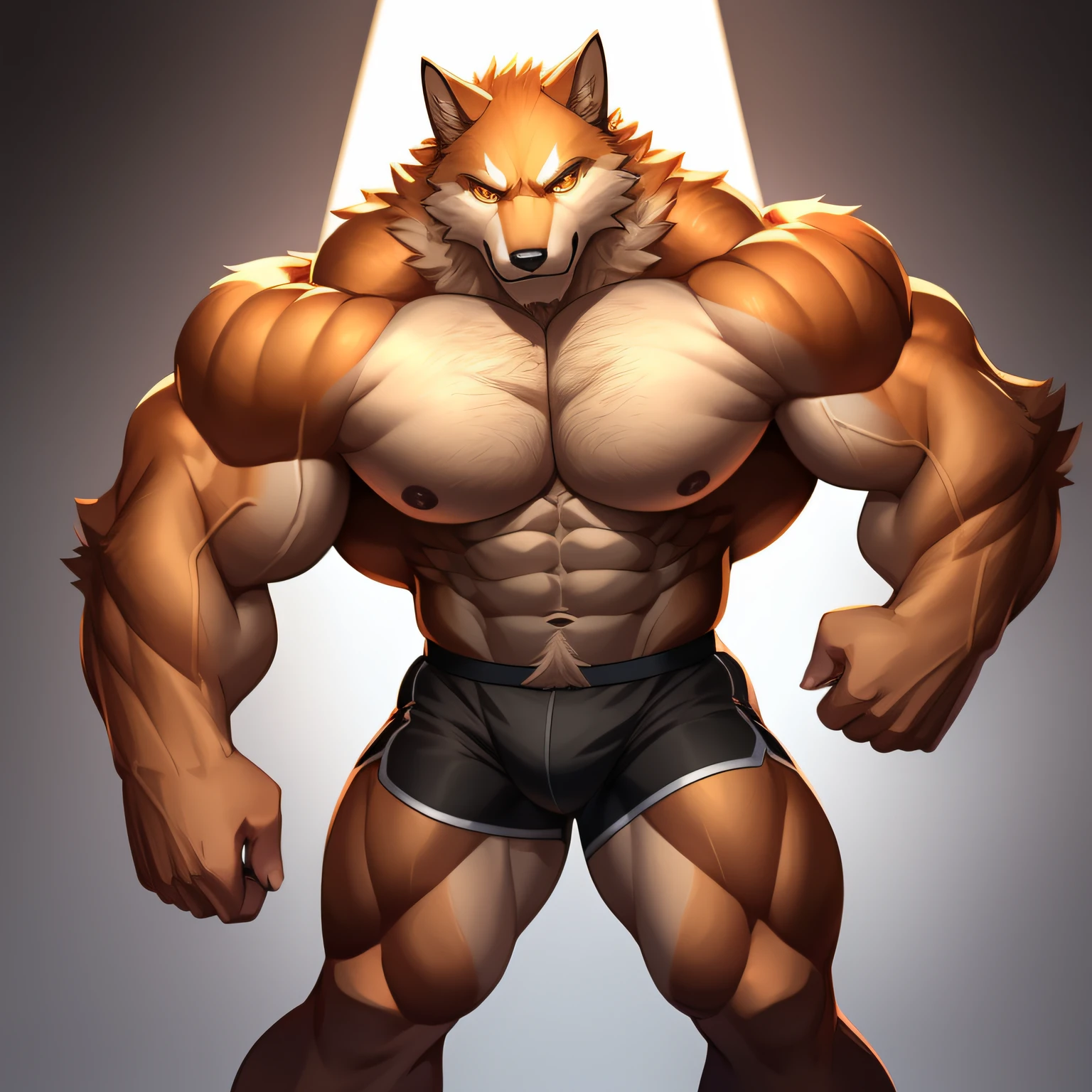 Orange fur,Golden eyes,,Wolf furry, Handsome face,Handsome eyes ,Hairy pectorals, Strong arms,Gorgeous facial features,美丽细致的眼睛,Complex fur,Detailed face,Perfect skin texture, Wide shoulders, large pecs, big bicep, Abs, upper legs,Delicate golden eyes,(simplebackground,white backgrounid:1.3),full bodyesbian,(tmasterpiece:1.2),(best qualtiy:1.3),standing on your feet,Black fitness shorts,Bare upper body,,strong muscle,Coating materials,Dynamic depiction of the human body,Small muscles,