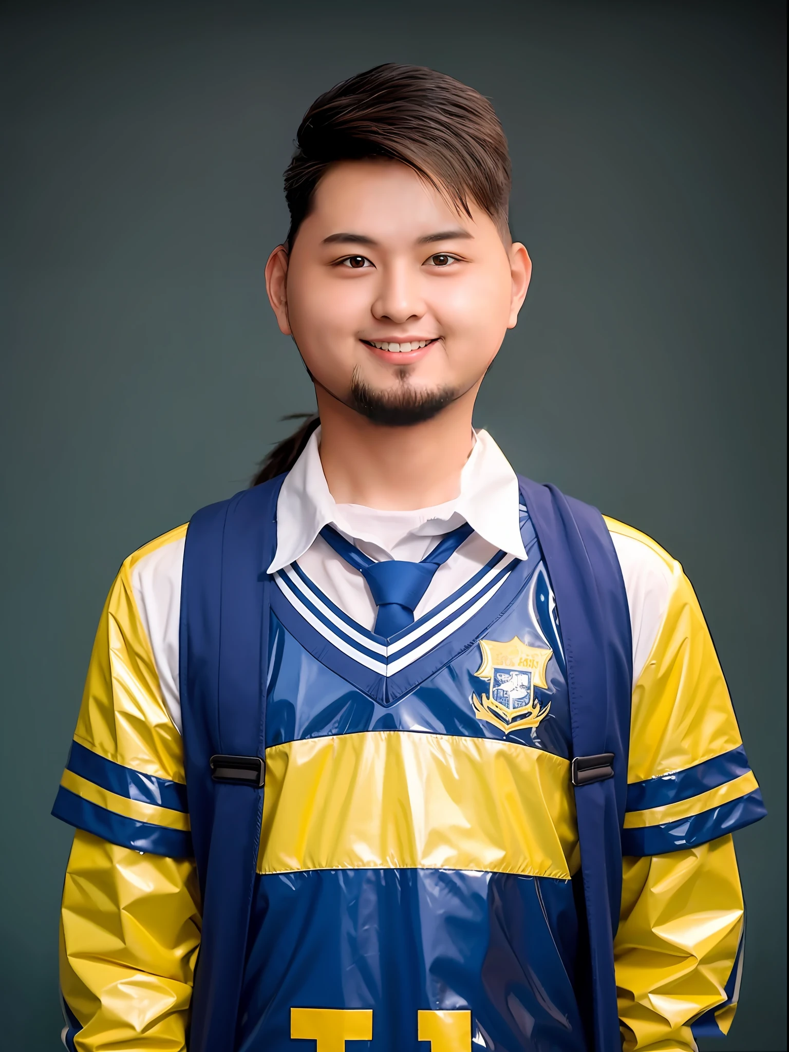 Chinese male high school student,Wear a yellow and blue PVC school uniform