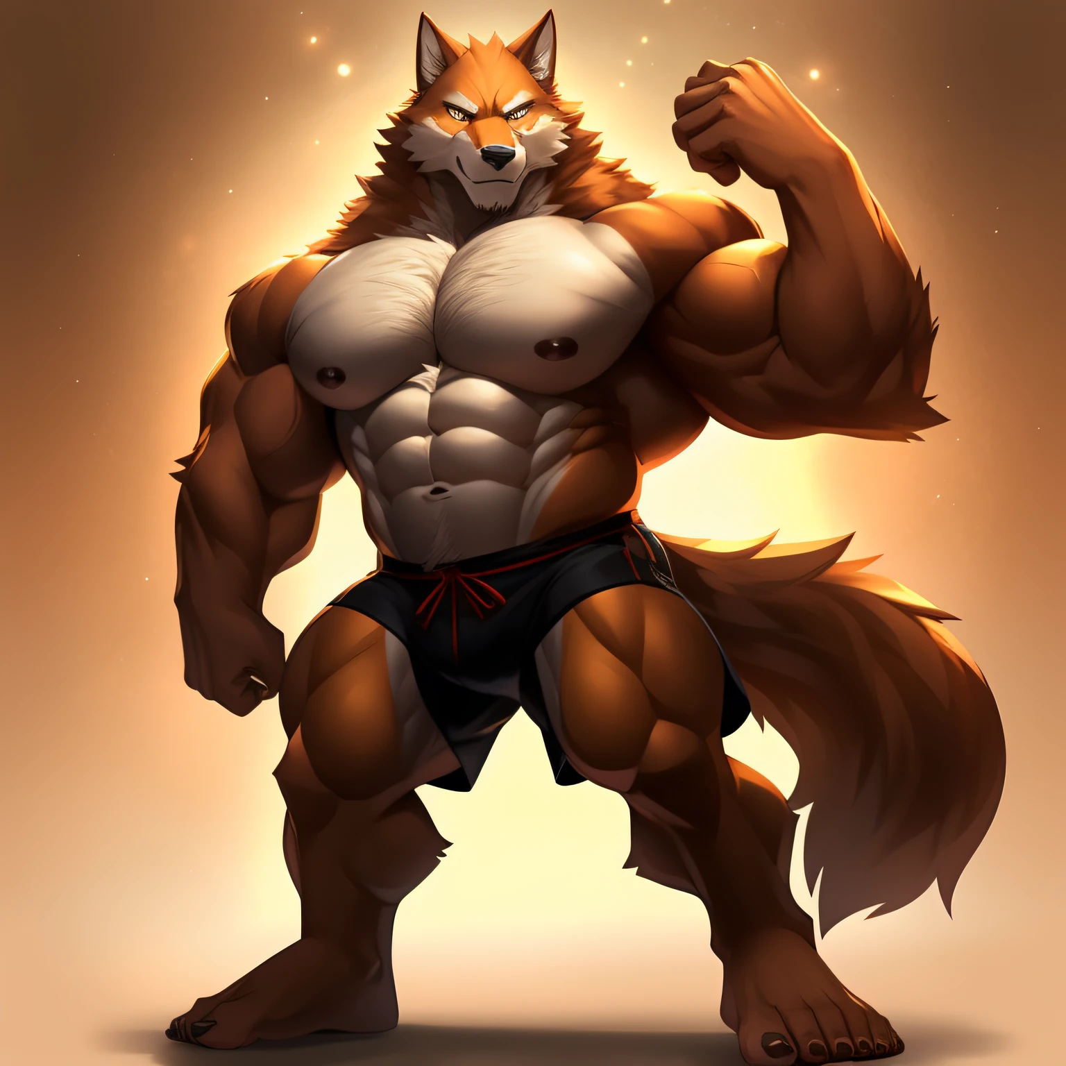 Orange fur，Golden eyes,,Wolf furry, Handsome face，Handsome eyes ，Hairy pectorals， Strong arms，Gorgeous facial features，美丽细致的眼睛，Complex fur，Detailed face，Perfect skin texture， Wide shoulders， large pecs， big bicep， Abs， upper legs，Delicate golden eyes，（simplebackground，white backgrounid：1.3），full bodyesbian，（tmasterpiece：1.2），（best qualtiy：1.3），standing on your feet，Black fitness shorts，Bare upper body，，strong muscle，Coating materials，Dynamic depiction of the human body，Small muscles，