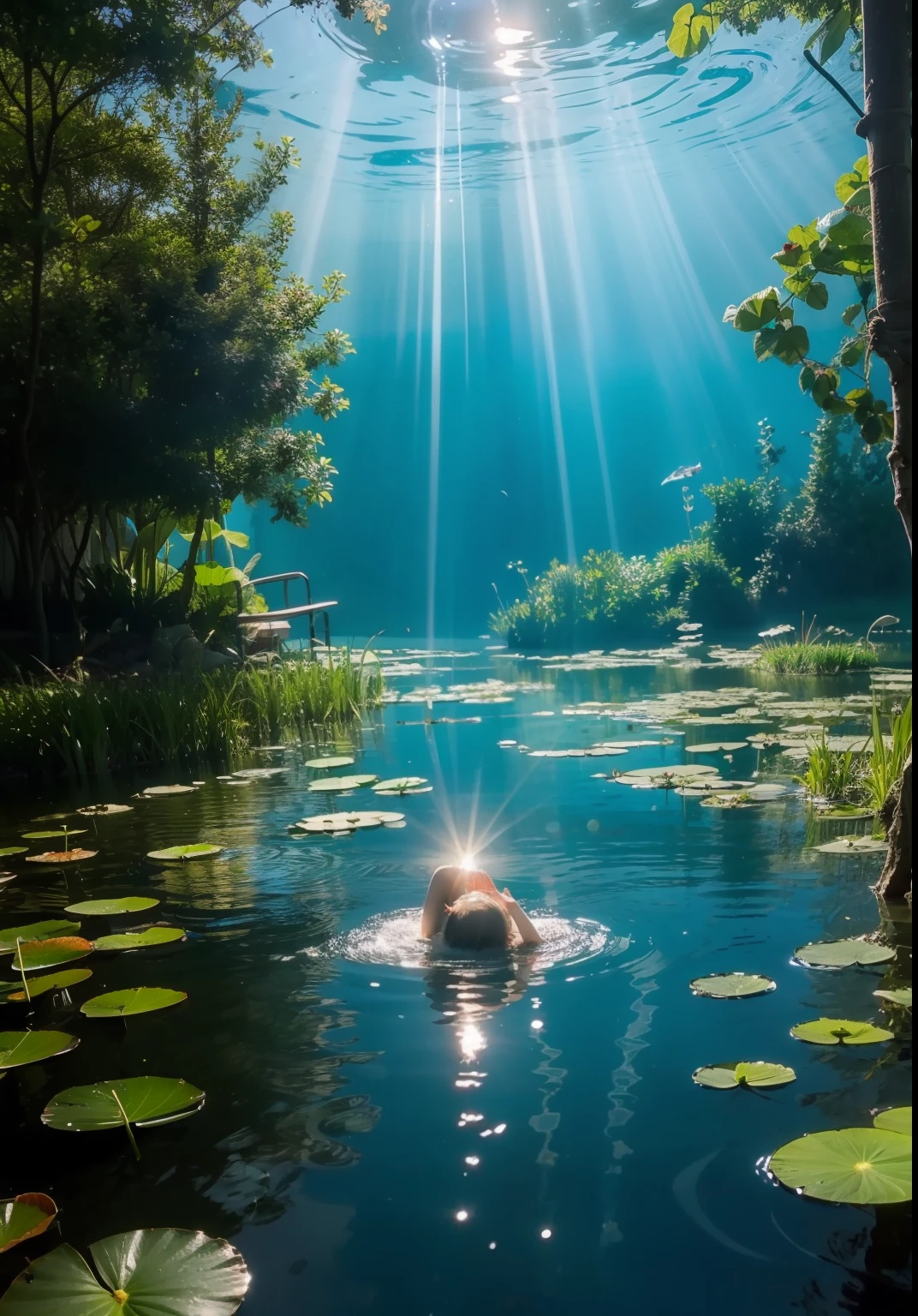 1girll,(Green dress),(Lotus pond),(water lily mat),(lotus flower:1.3),(Paper fan),(floating leaf),(ventania),(Lie down),(Transparent water:1.1),(rays of moonlight:1.3),(peacefulatmosphere:1.4),(wide wide shot),(from the above),(green colored theme:1.2),She lies in the middle of a lotus pond,glittery,Perfect match with the surrounding landscape。 beautiful night,Moonlight reflected in the water,Creates a peaceful atmosphere。 from the above,Viewers can see water lily pads and lotus flowers around her,There is a mysterious light underwater,Illuminated the fish swimming gracefully around her。 Many blue butterflies dance around the girl,The green theme dominates the scene,Emerald and emerald shades highlight the natural beauty of the pond。 Rippled water and moonlight add to the tranquil mood,Make it the perfect place to relax and reflect。