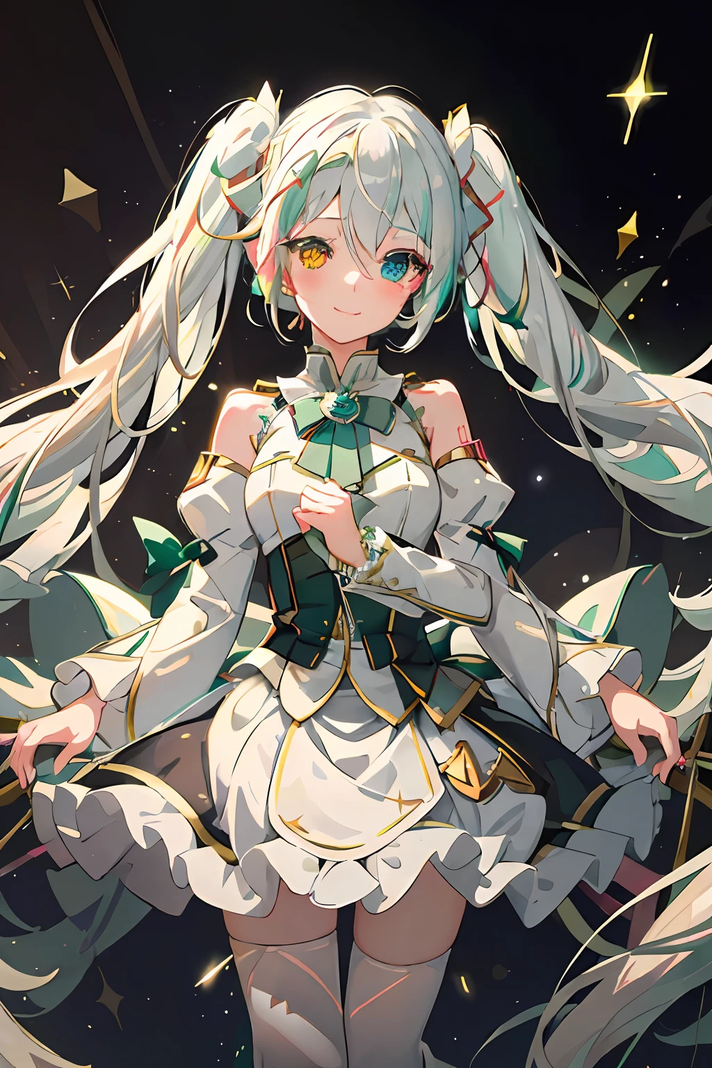 masterpiece, best quality, ultra-detailed, illustration, an extremely delicate and beautiful,
1girl, solo, light smile,
Hatsune Miku,twintails,(live stage), Particles of Light, ((white hair)), ((((heterochromia)))), red eye, green eye