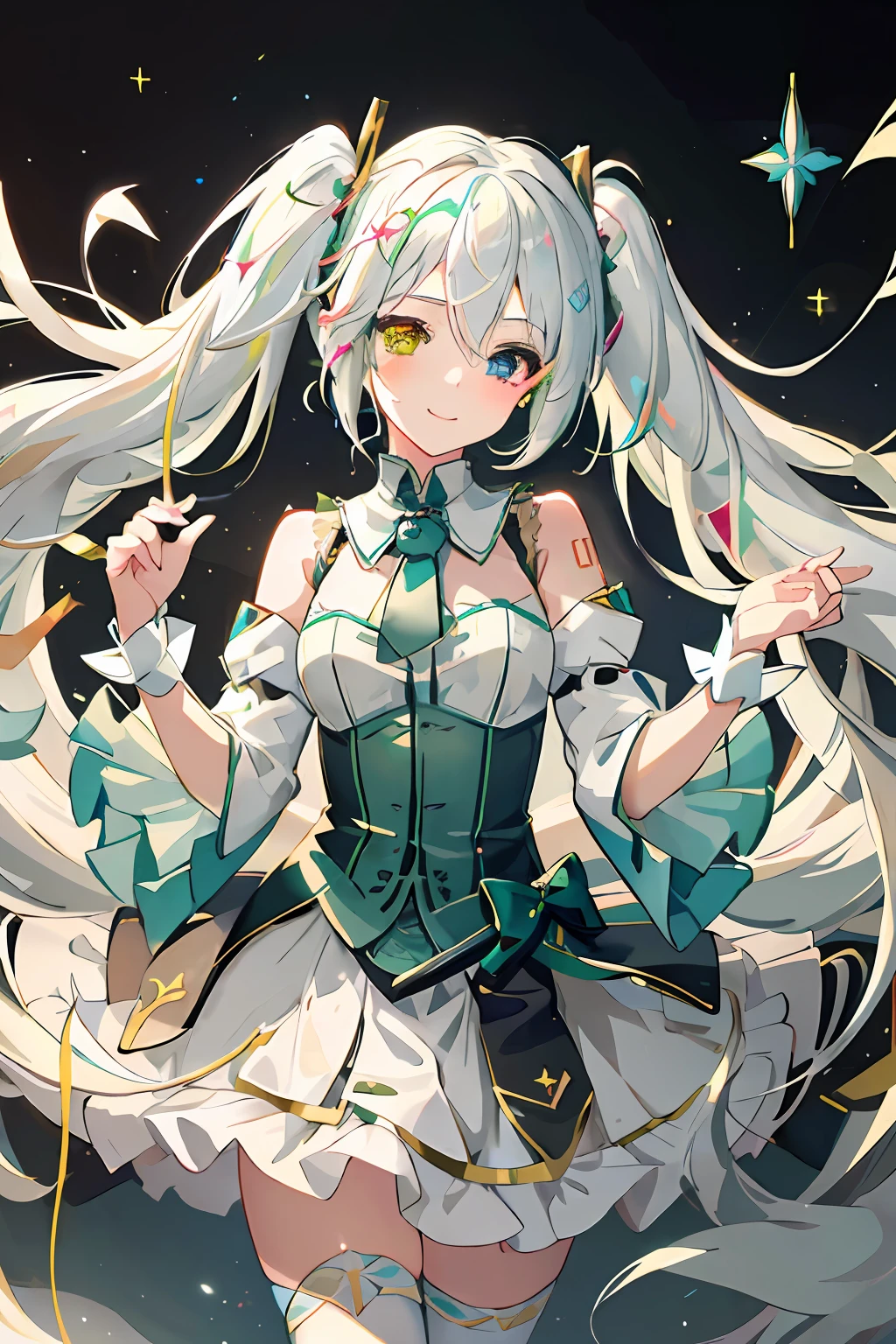 masterpiece, best quality, ultra-detailed, illustration, an extremely delicate and beautiful,
1girl, solo, light smile,
Hatsune Miku,twintails,(live stage), Particles of Light, ((white hair)), ((((heterochromia)))), red eye, green eye