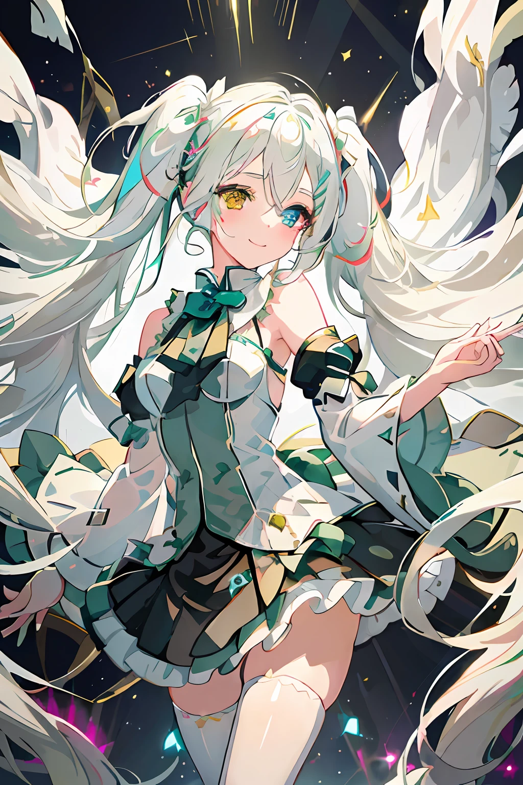 masterpiece, best quality, ultra-detailed, illustration, an extremely delicate and beautiful,
1girl, solo, light smile,
Hatsune Miku,twintails,(live stage), Particles of Light, ((white hair)), ((((heterochromia)))), red eye, green eye