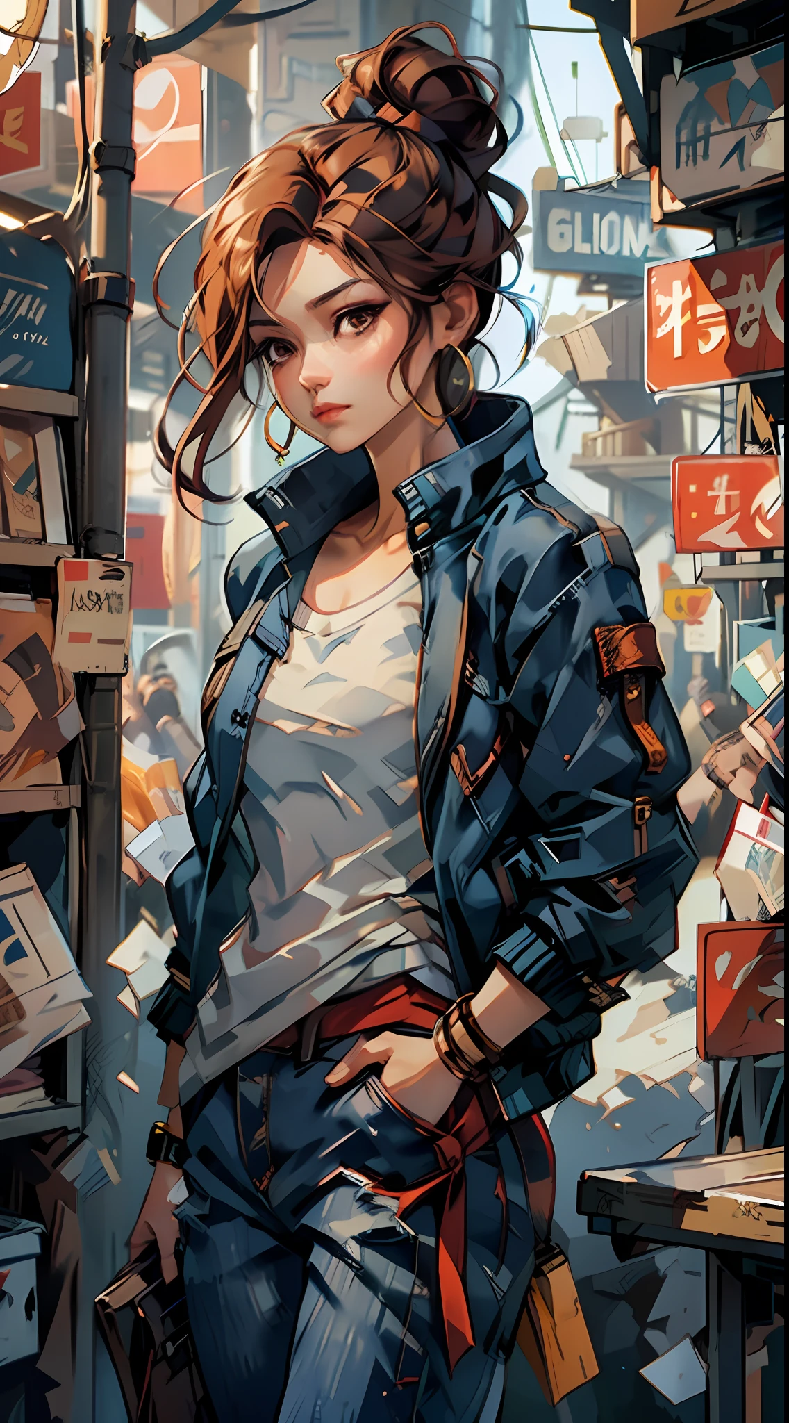 shui001,1girl, solo, jewelry, earrings, pants, shirt, jacket, brown hair, white shirt, bracelet, hair bun, single hair bun, long pants, closed mouth, hoop earrings, blue jacket, sleeves rolled up, open clothes, makeup, red pants