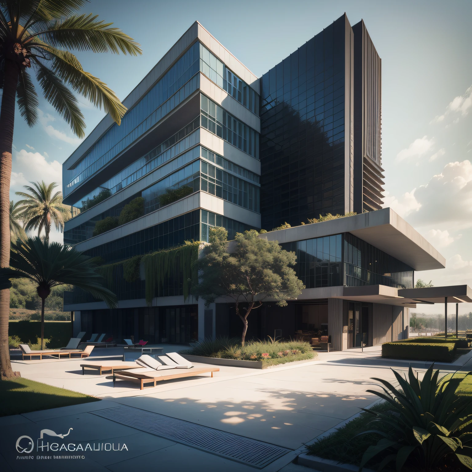 Grande hotel, Arquitetura futurista, building in the background, Architecture of a dark gray concrete building, madeira e muito vidro nas fachadas, architecture inspired by João Salvador, Building with large lawn with some statues, Monumental luxury building in dark tones, Arquitetura moderna, grande piscina em frente ao hotel com grande desk, sun loungers and parasols, restaurante interior com grandes fachadas em vidro, grandes candeeiros no interior, lots of vegetation around, hotel com 120 quartos, Arquitetura moderna, organic architecture, Geometria luxuosa, hiper-realista, Fantastic 8K architecture, UHD — AR 16: