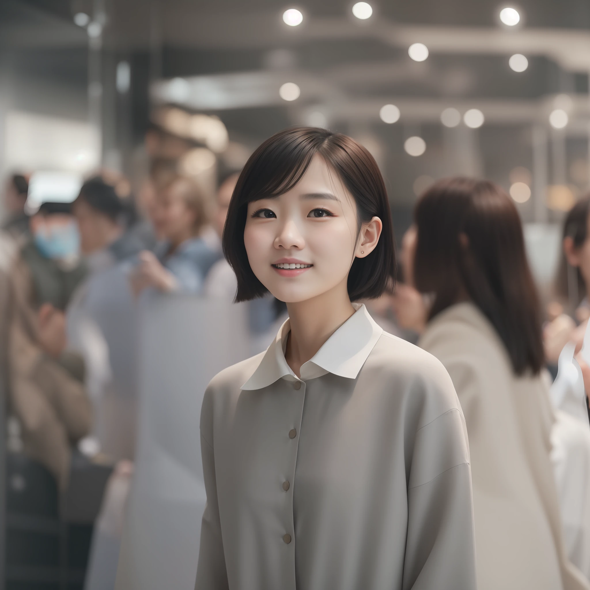 Clear facial features，People are standing on a platform， enjoyable, shanghai, show room scene, candid shot, by Ni Yuanlu, lifestyle, exclusive, looking partly to the left, artistic pose, warm and joyful atmosphere, A high resolution，best qualtiy