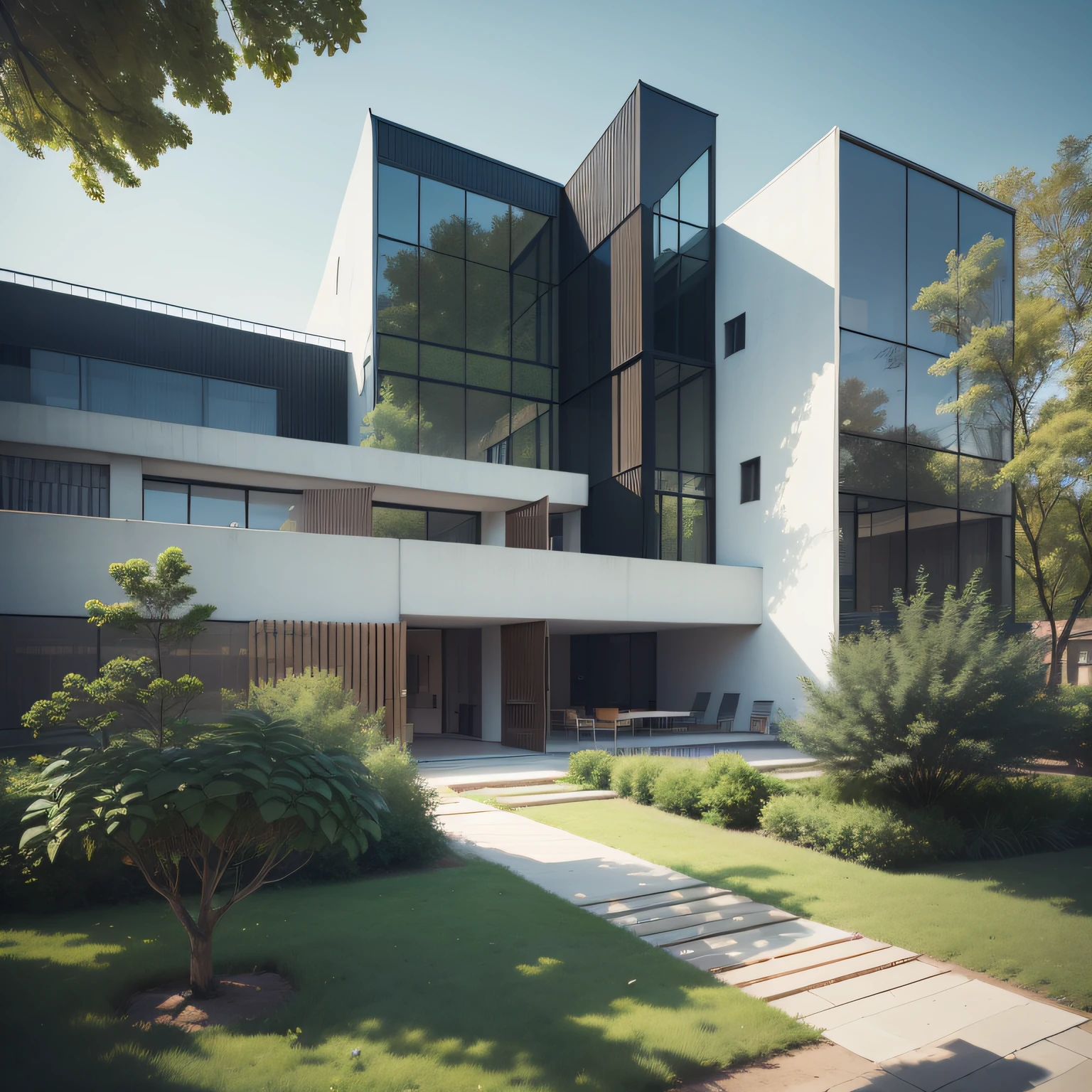 Building intended for a modern one-storey school with large central courtyard and large gardens, lush but undergrowth, trees scattered throughout the space, edifico de arquitectura moderna, hiperealismo, Fantastic architecture, 8k uh