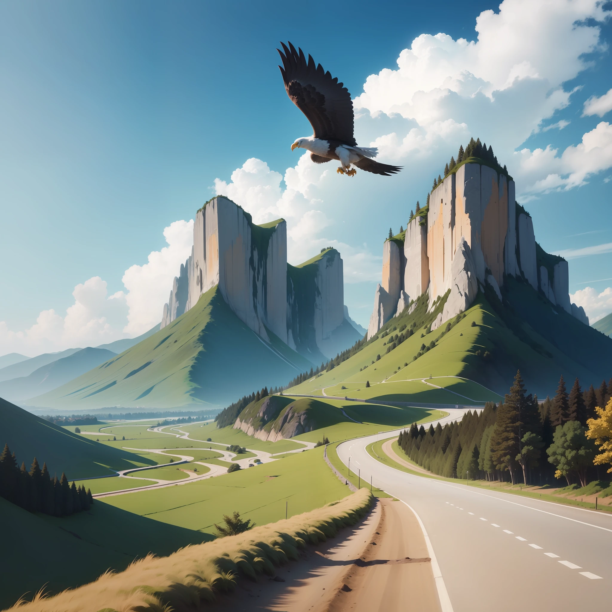 /Imagine the scenario of the journey: Use uma paisagem de montanhas, symbolizing the challenging journey that is life. Mountains can represent the obstacles we face and the peaks we seek to reach.  Estrada da Autodescoberta: Adicione uma estrada ou trilha que se estende pela paisagem, representando a jornada de autodescoberta e crescimento pessoal. Essa estrada deve conduzir o olhar do espectador para o horizonte, simbolizando as possibilidades ilimitadas que se apresentam.  Elements of Overcoming: Integrate elements that symbolize overcoming, like an eagle flying high in the sky or a bright sunrise. These elements represent the inner strength we can achieve as we face challenges and pursue personal growth.  Paleta de cores: Use cores que transmitam calma, hope and determination, como tons de azul, verde e amarelo. A paleta de cores deve refletir a mensagem positiva e inspiradora do canal. Make the image in banner size for youtube