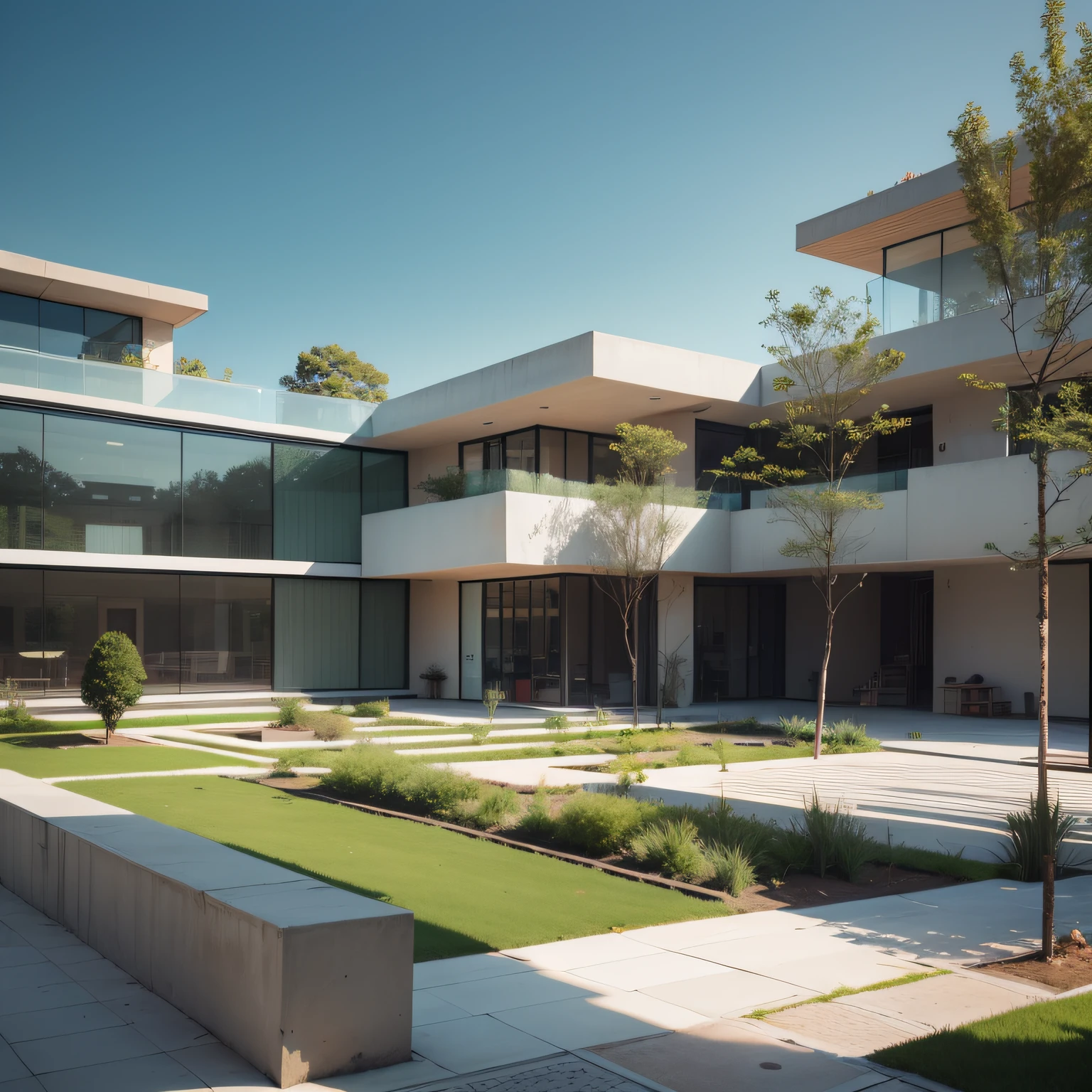 Building intended for a modern one-storey school with large central courtyard and large gardens, lush but undergrowth, trees scattered throughout the space, edifico de arquitectura moderna, hiperealismo, Fantastic architecture, 8k uh