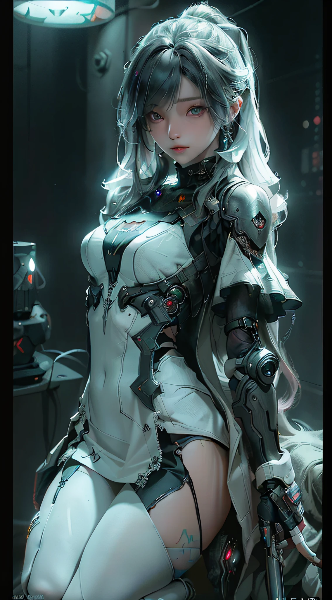 ((best qualtiy)), ((tmasterpiece)), (the detail:1.4), 3D, A beautiful cyberpunk female image,hdr(HighDynamicRange),Ray traching,NVIDIA RTX,Hyper-Resolution,Unreal 5,Subsurface scattering、PBR Texture、post-proces、Anisotropy Filtering、depth of fields、maximum definition and sharpness、Many-Layer Textures、Albedo e mapas Speculares、Surface coloring、Accurate simulation of light-material interactions、perfectly proportions、rendering by octane、Two-colored light、largeaperture、Low ISO、White balance、the rule of thirds、8K raw data、short skirt,Stockings