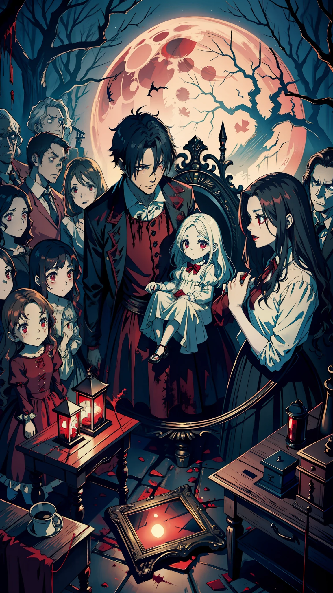 Red dress，a haunted house，Spooky forest，Ghost encounters，Abandoned madhouse，Creepy doll，Sinister shadows，Demon-possessed，Haunted dollhouse，The Cursed Mirror，shinigami，Prank activity，zombies apocalipsis，Horrible cemetery，Evil spirits，Blood Moon