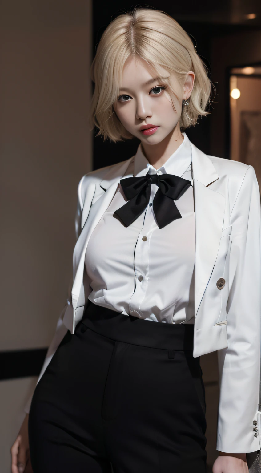 Artistic lighting,独奏,Fine,Best quality at best,1个Giant Breast Girl,short detailed hair,White gold blonde hair,Perfect facial features,False lashes,Black cropped blazer,White shirt,Black pants,Black bow tie,((Medium and long-range shots:1.4))
