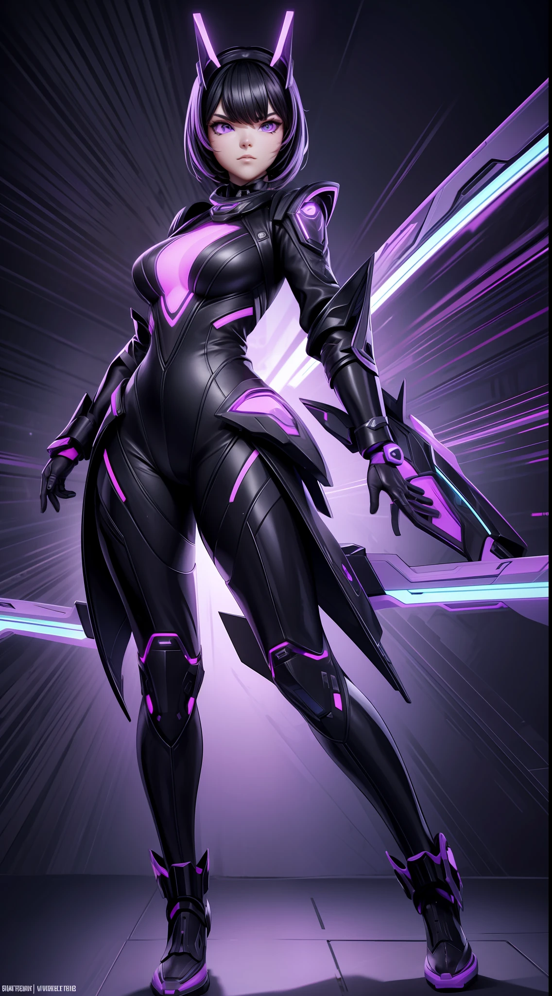 solo, super fine photo, full body picture Unreal Engine 5 8K UHD of a girl, wearing futuristic black and white tight battle suit with leather futuristic long jacket, full face mask, futuristic neck collar, purple light details, gloves with purple light claws, best quality, masterpiece, unified 8k wallpaper, super detailed, sharp focus, dynamic pose