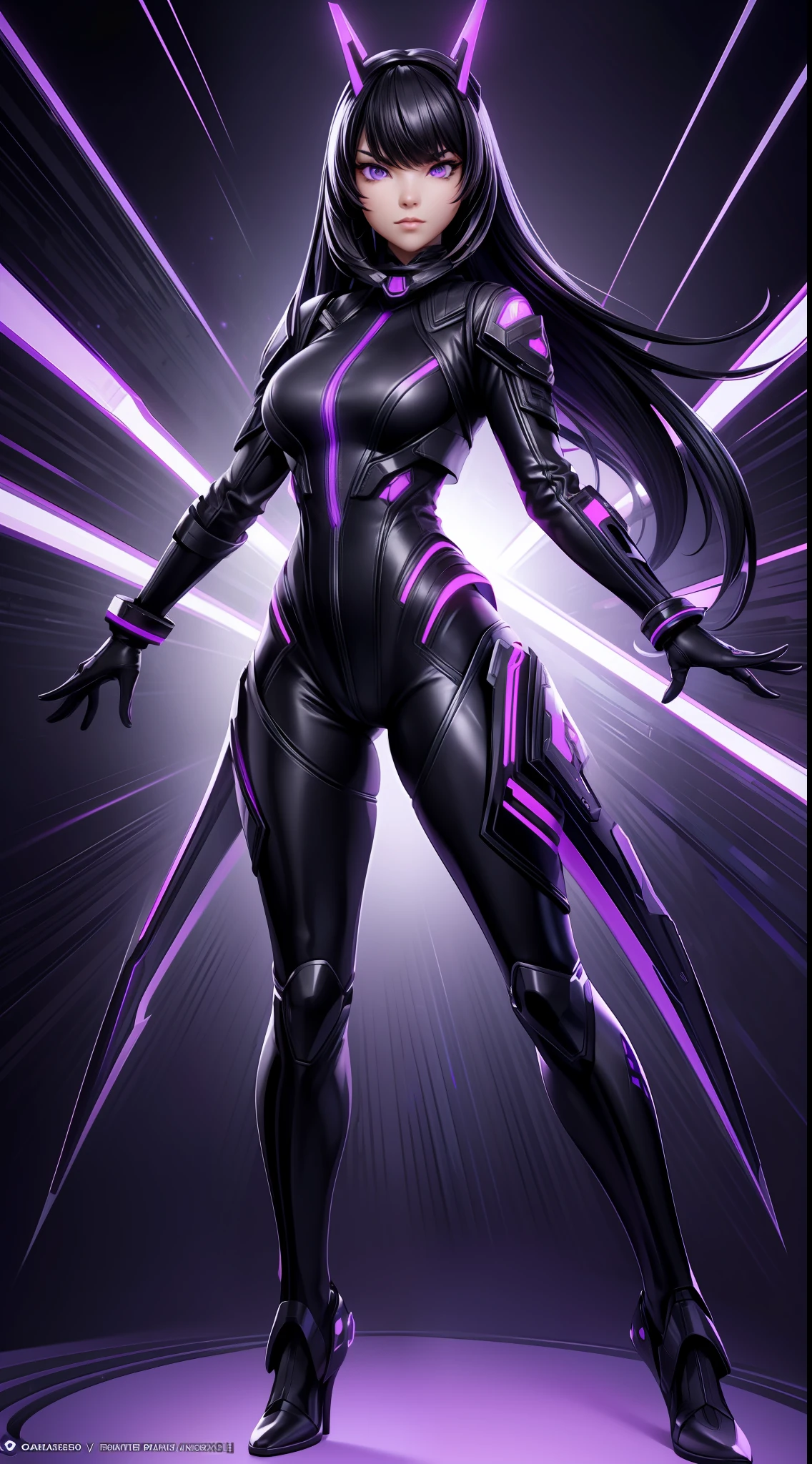 solo, super fine photo, full body picture Unreal Engine 5 8K UHD of a girl, wearing futuristic black and white tight battle suit with leather futuristic long jacket, full face mask, futuristic neck collar, purple light details, gloves with purple light claws, best quality, masterpiece, unified 8k wallpaper, super detailed, sharp focus, dynamic pose