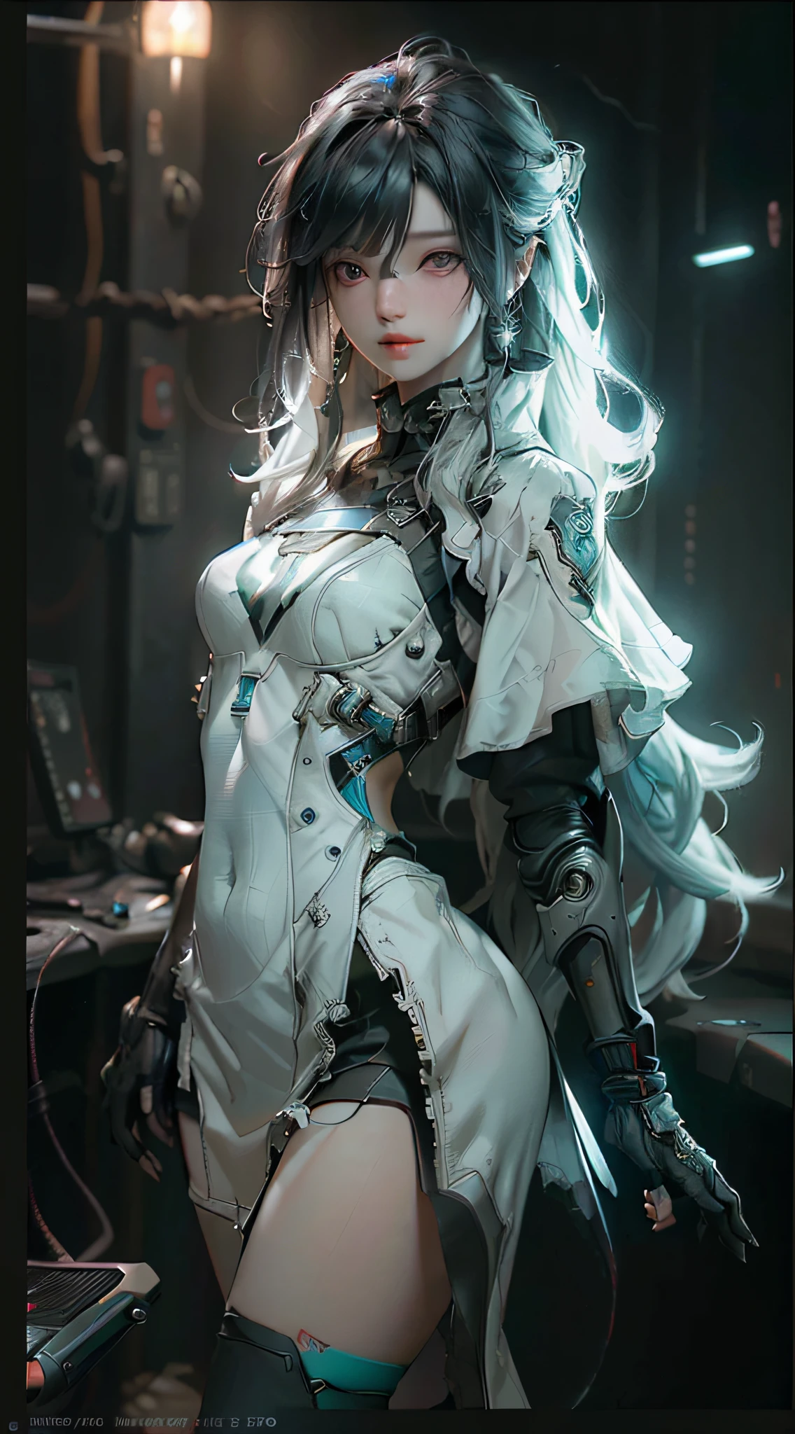 ((best qualtiy)), ((tmasterpiece)), (the detail:1.4), 3D, A beautiful cyberpunk female image,hdr（HighDynamicRange）,Ray traching,NVIDIA RTX,Hyper-Resolution,Unreal 5,Subsurface scattering、PBR Texture、post-proces、Anisotropy Filtering、depth of fields、maximum definition and sharpness、Many-Layer Textures、Albedo e mapas Speculares、Surface coloring、Accurate simulation of light-material interactions、perfectly proportions、rendering by octane、Two-colored light、largeaperture、Low ISO、White balance、the rule of thirds、8K raw data、short  skirt，Stockings