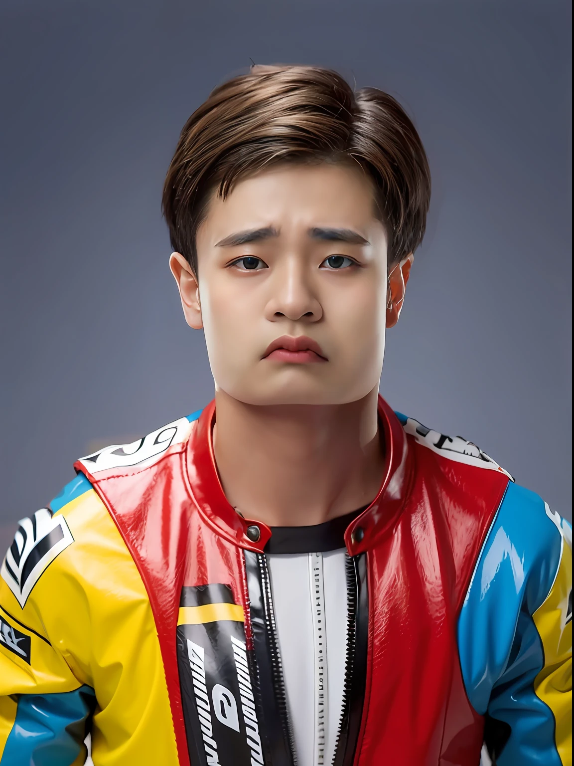 17-year-old male high school student，Wear a PVC yellow and red racing suit，short detailed hair，Hair with oblique bangs，Hair color: grayish blue,
