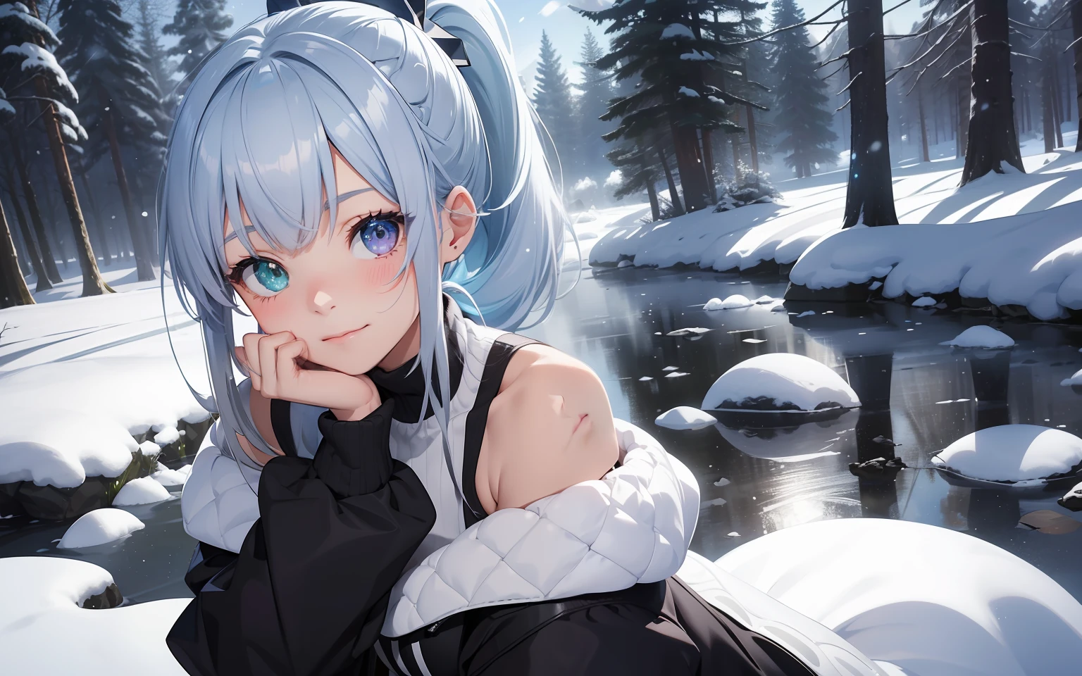 top-quality、Photorealsitic、The ultra-detailliert、Delicate、orderly、High Details、bluish-silver ponytail、(Drooping heterochromia iris:1.3)、Gamine、10yaers old、embarrassed from、A smile、A slender、cowboy  shot、blured background、(1 girl in:1.1)、GameCG、dynamic ungle、(radiant eyes:1.2)、Ambient Occlusion、ambient lights、ray trace reflection、Winters、（off-the-shoulder sweater:1.3)、snowscape、Yuki、mont、lake、Sparkling snow、the woods、
Diamond Dust、Scattering of snowflakes、spark of light,Wind,