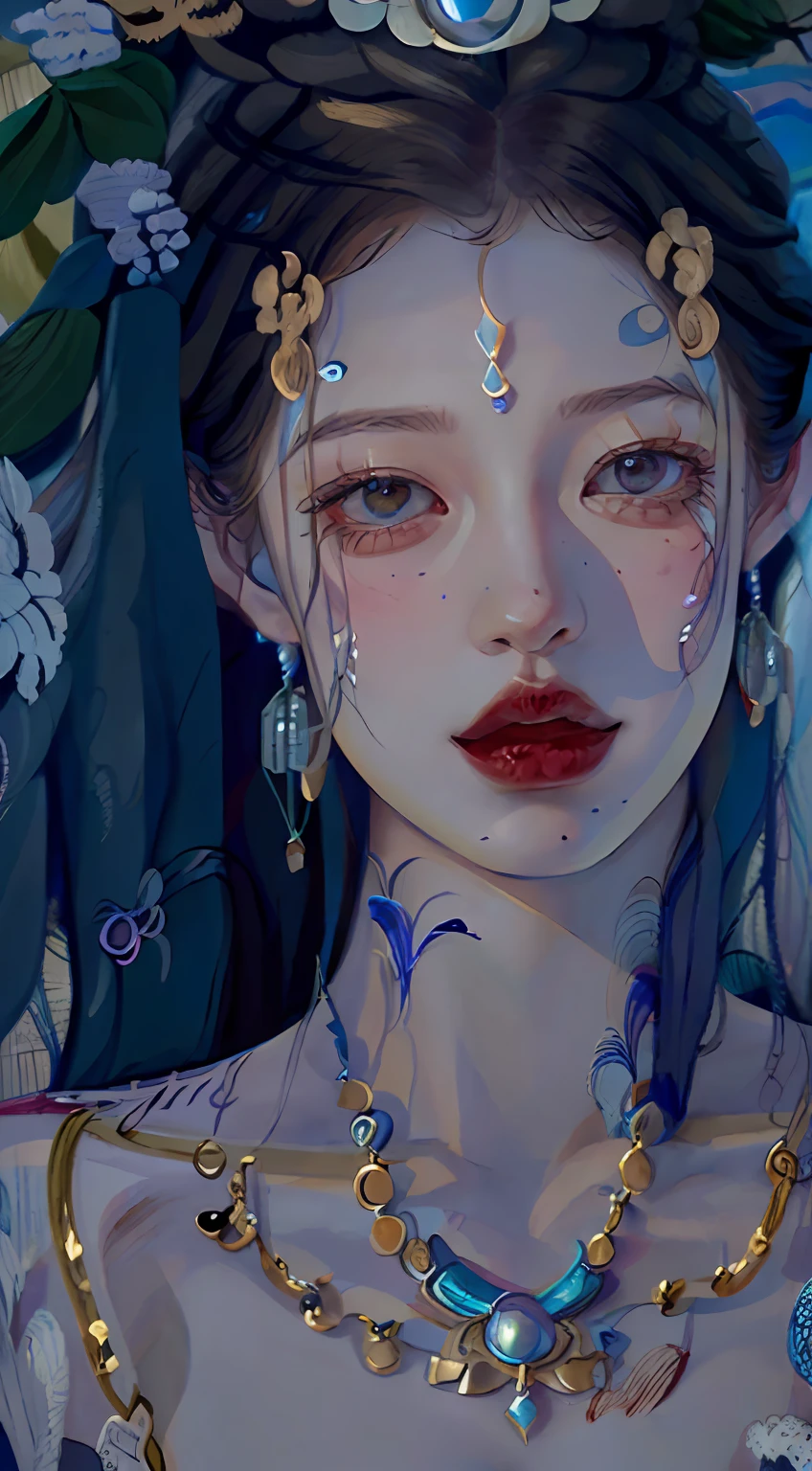 a close up of a woman wearing a blue dress and a necklace, stunning digital illustration, 4k highly detailed digital art, great digital art with details, Guviz-style artwork, intricate digital painting, 4 K detail fantasy, Detailed digital anime art, Exquisite digital illustration, hyper-detailed fantasy character, Digital 2D fantasy art, Detailed digital 2D fantasy art