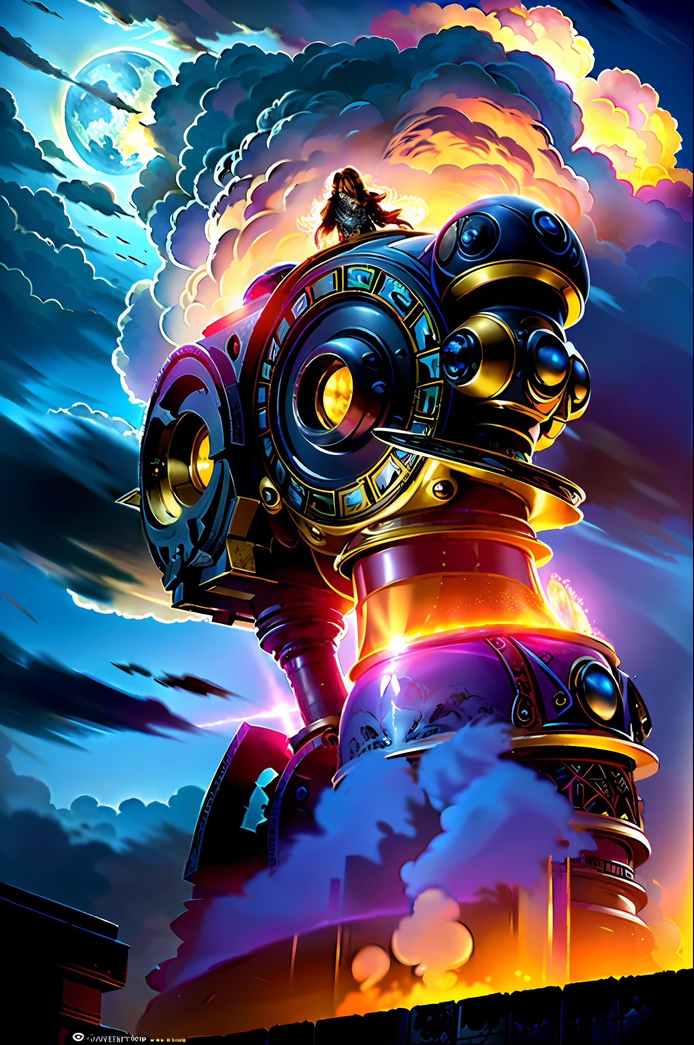 ((best quality)), ((masterpiece)), (detailed), giant mecha, horror beauty, perched on a cloud, (fantasy illustration:1.3), enchanting gaze, otherworldly charm, mystical sky, (Luis Royo:1.2), (Yoshitaka Amano:1.1), moonlit night, soft colors, (detailed cloudscape:1.3), (high-resolution:1.2)