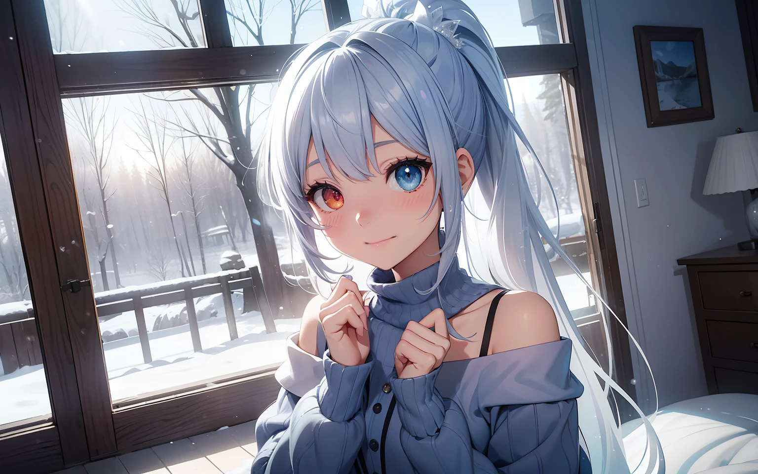 top-quality、Photorealsitic、The ultra-detailliert、Delicate、orderly、High Details、bluish-silver ponytail、(Drooping heterochromia iris:1.3)、Gamine、10yaers old、embarrassed from、A smile、A slender、cowboy shot、blured background、(1 girl in:1.1)、GameCG、dynamic ungle、(radiant eyes:1.2)、Ambient Occlusion、ambient lights、ray trace reflection、Winters、(off-the-shoulder sweater:1.3)、snowscape、Yuki、mont、lake、Sparkling snow、the woods、
Diamond Dust、Scattering snowflakes、sparkle,wind,