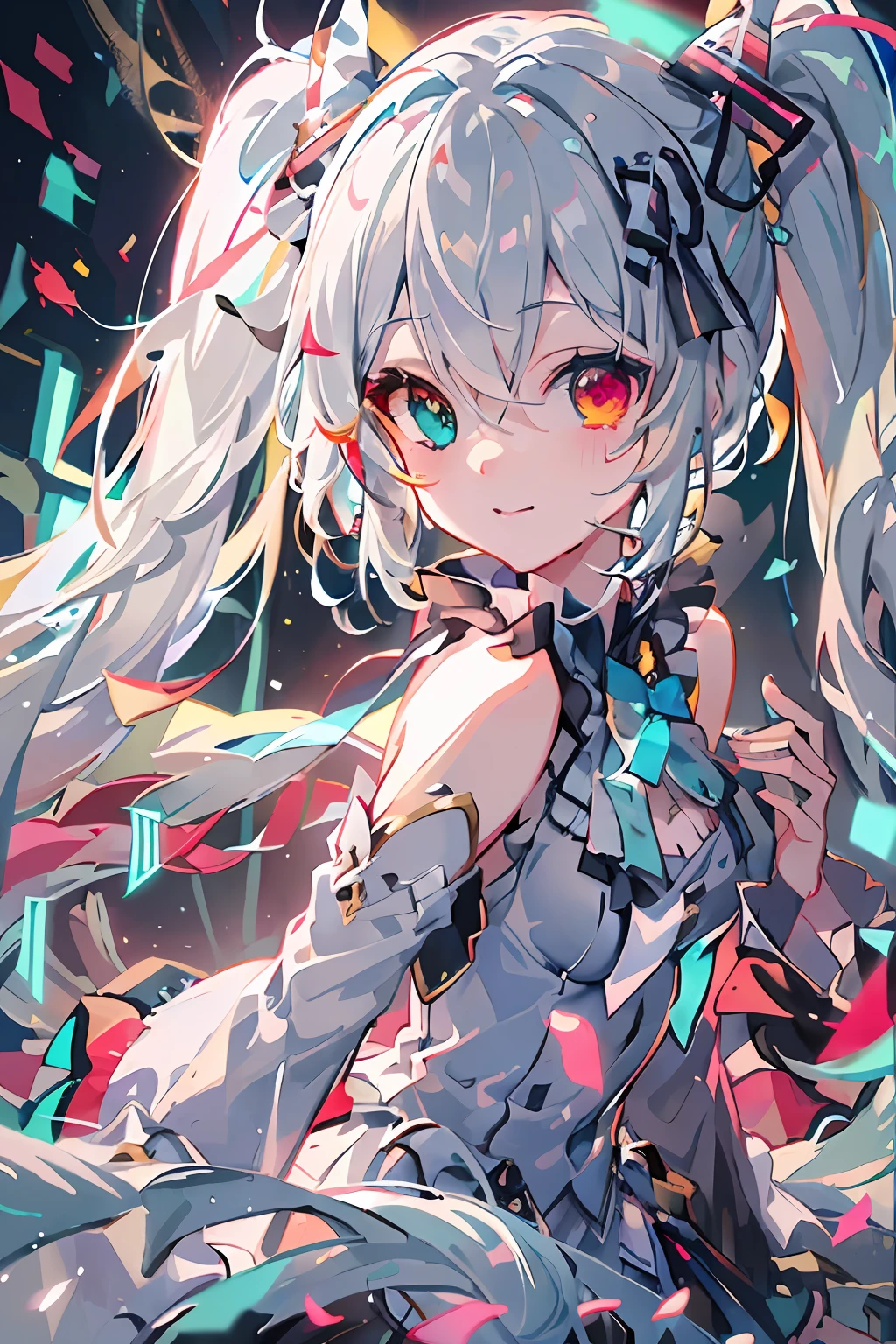 masterpiece, best quality, ultra-detailed, illustration, an extremely delicate and beautiful,
1girl, solo, light smile,
Hatsune Miku,twintails,(live stage), Particles of Light, ((white hair)), ((((heterochromia)))), ((red eye)), green eye