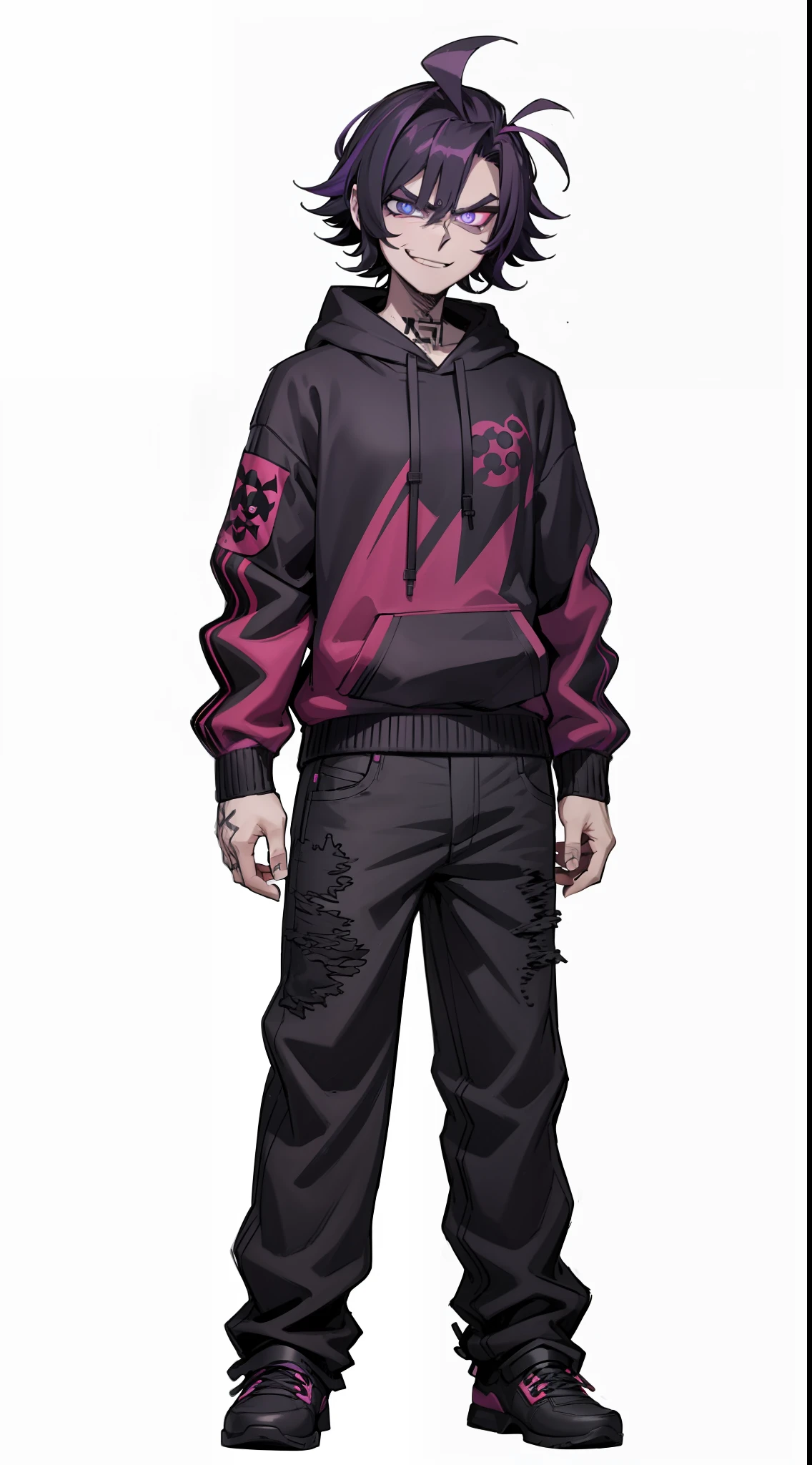 badass, antagonist, multicolored hair, dark hair, purple hair, pink pupil, 1boy, smug, smile, black purple hoodie, black jean, black shoe