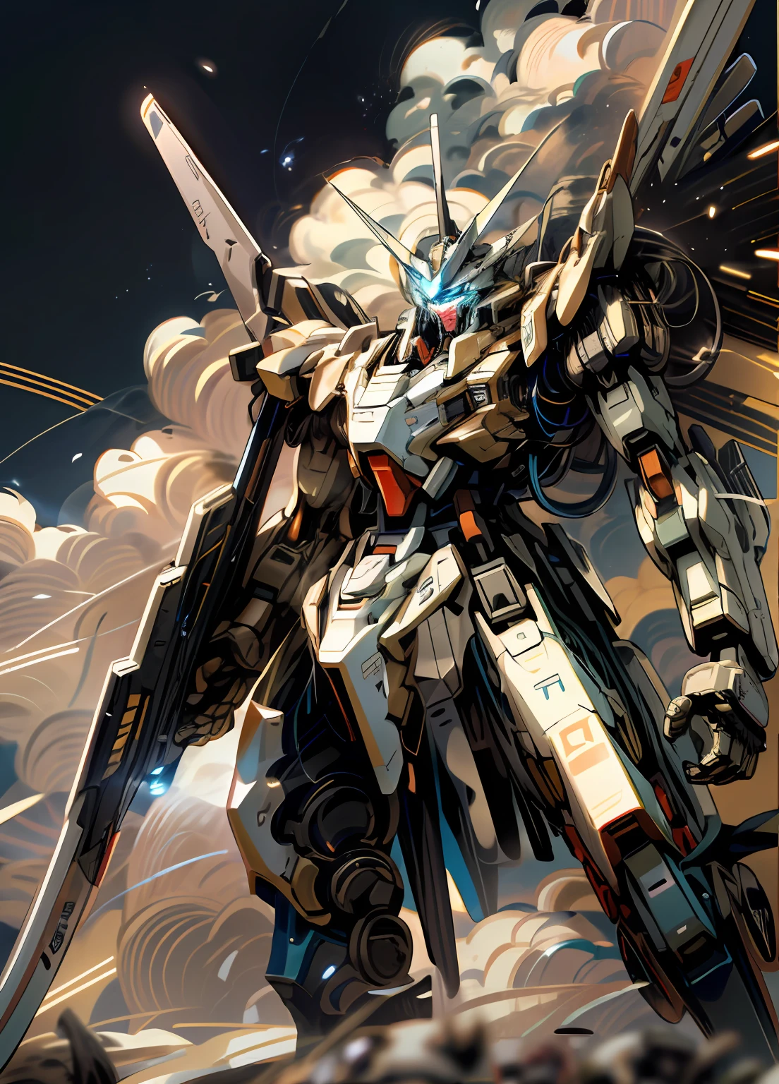Skysky,clouds,Hold the weapon,No_Humanity,with light glowing,,droid,buliding,Glowing_Eyes,Mecha,scientific fiction,城市,Realistis,Mecha,High-burning battle scenes,gundam style,An epic masterpiece,realisticlying,in a panoramic view,universe background,