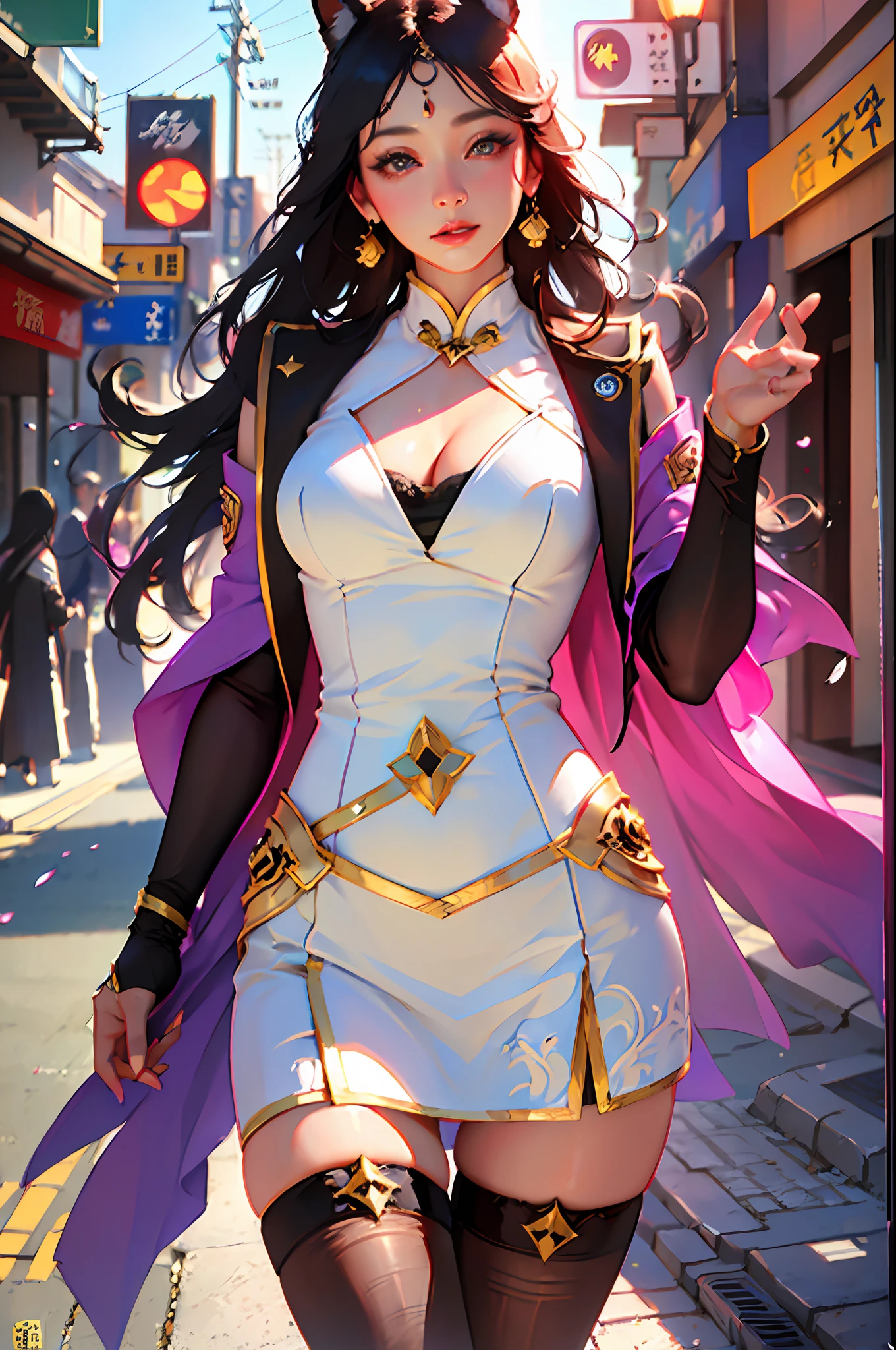 extremely detailed CG unity 8k wallpaper,(masterpiece),(best quality),(ultra detailed),(ultra realistic),(Best character details:1.36),nikon d750 f/1.4 55mm,dynamic angle,professional lighting, photon mapping, radiosity, physically-based rendering, outdoors,busy street,looking at viewer,blush, 1girl,mature female,milf,tall body,golden proportions,(Kpop idol),(shiny skin:1.2),(oil skin:1.1),makeup,[:(high detailed face:1.2):0.2]:,PureErosFace_v1, ((wavy gray hair and a sophisticated sense of style)),(aegyo sal:1),(puffy eyes),(eyelashes:1.1),(parted lips:1.1),red lipstick,wide shoulders,(medium breasts:1.1),(cleavage:1.1),animal ears,(big ass:1.2),thighhighs, silk coat, song, song Dynasty, song clothing