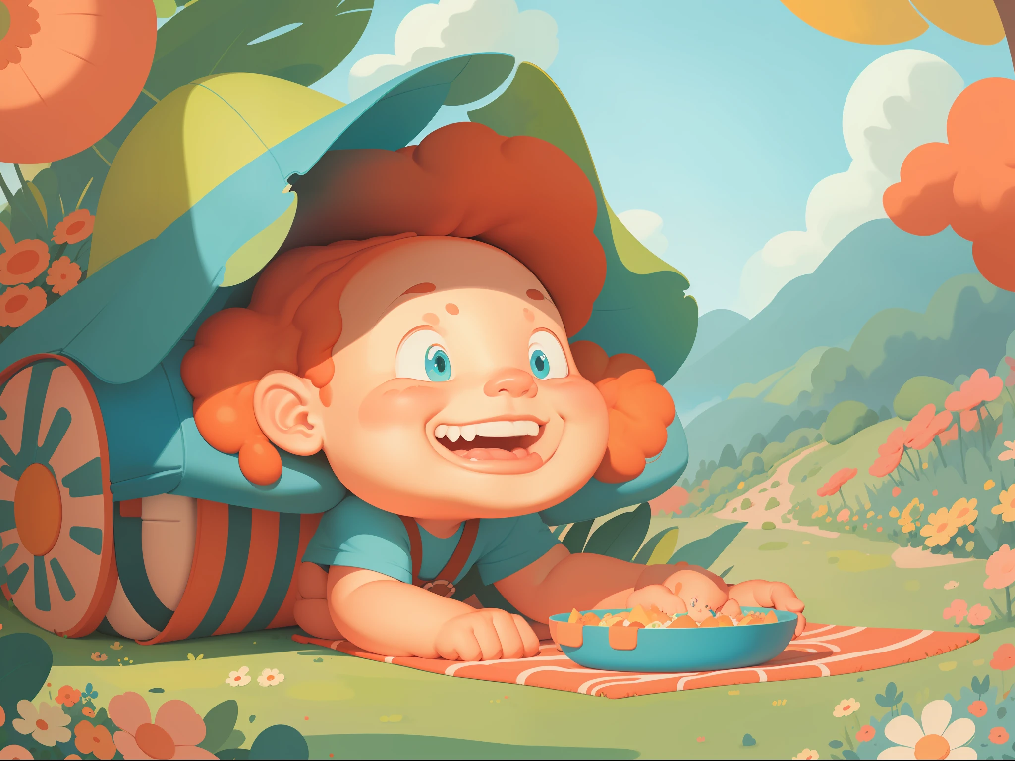 Octane rendering, soft lighting, close-up, symmetrical portrait, clear features, smiling child wearing white cute hat and a cute cat, playing guitar in country summer, clean blue sky, tent, grass and hills, green, nature, Pixar 3d characters, Studio Ghibli, Yuhiko Inoue